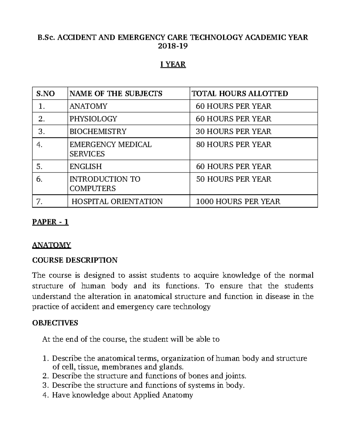 B.Sc. Accident & Emergency Care Technology Syllabus (AY I) 1819 ...