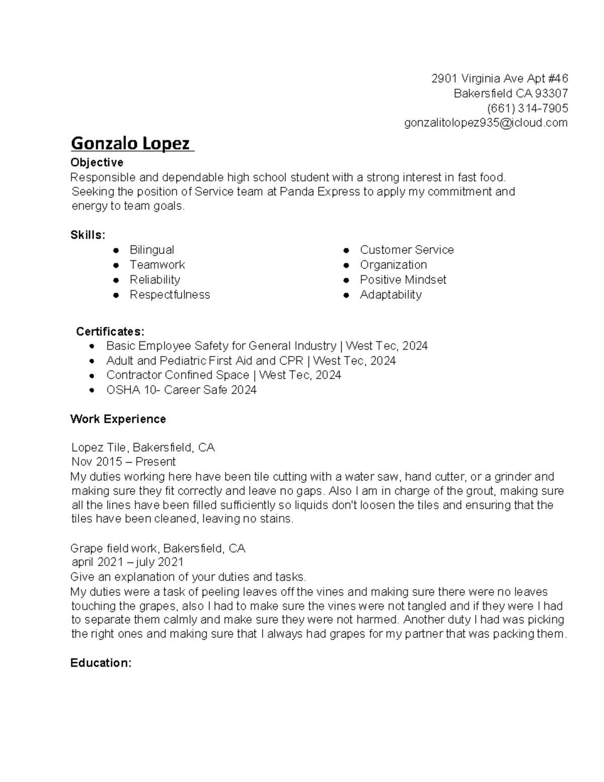 Resume for Service Team Position at Panda Express (2025) - Studocu