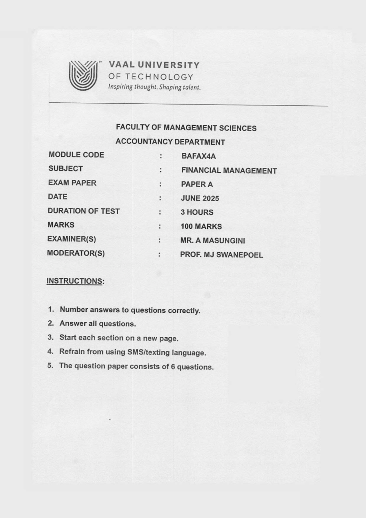Financial Management Exam Paper BAFAX4A - June 2025 - Studocu