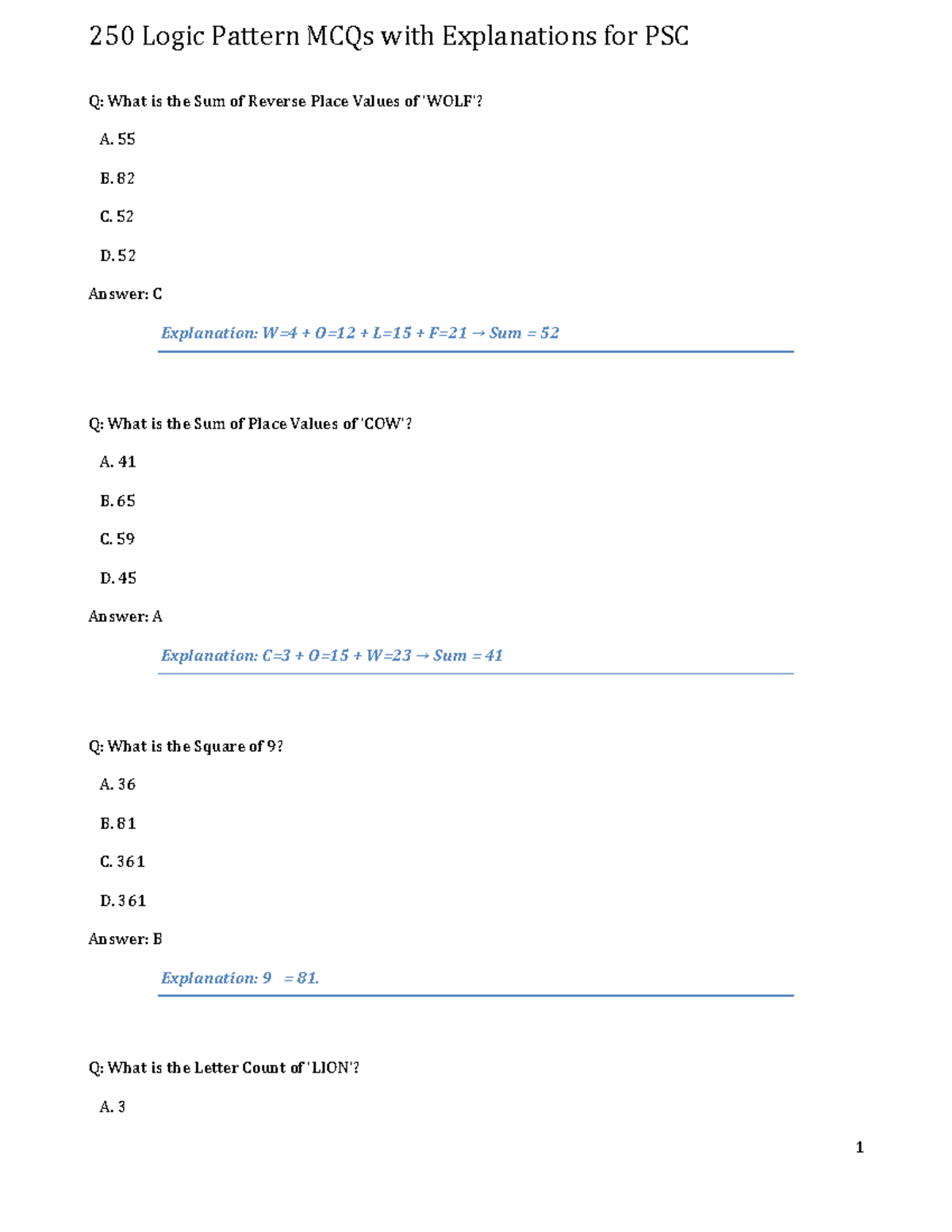 250 Logic Pattern MCQs with Explanations for PSC IAS - Studocu