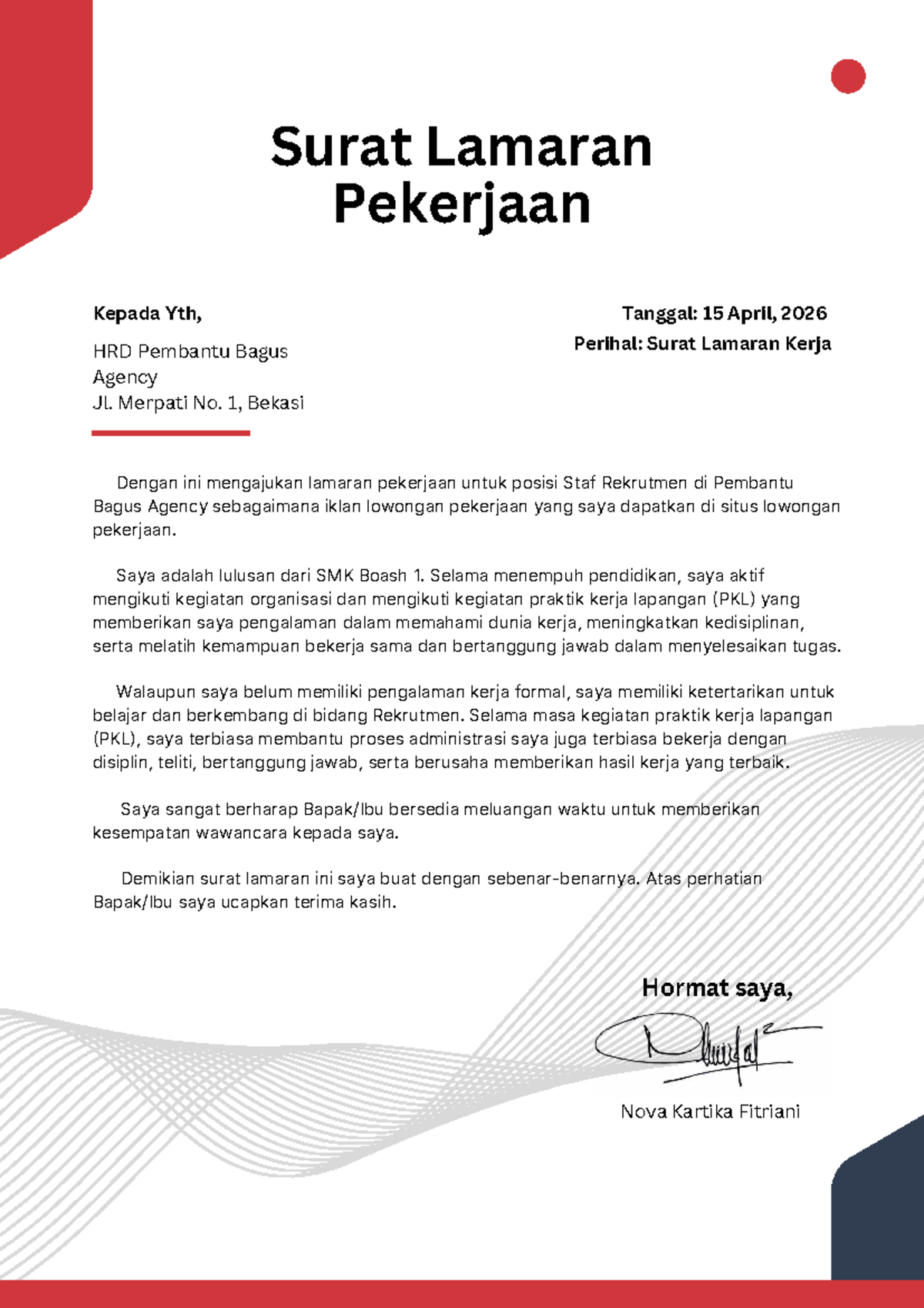 Surat Lamaran Pekerjaan Staf Rekrutmen - Nova Kartika Fitriani - Studocu