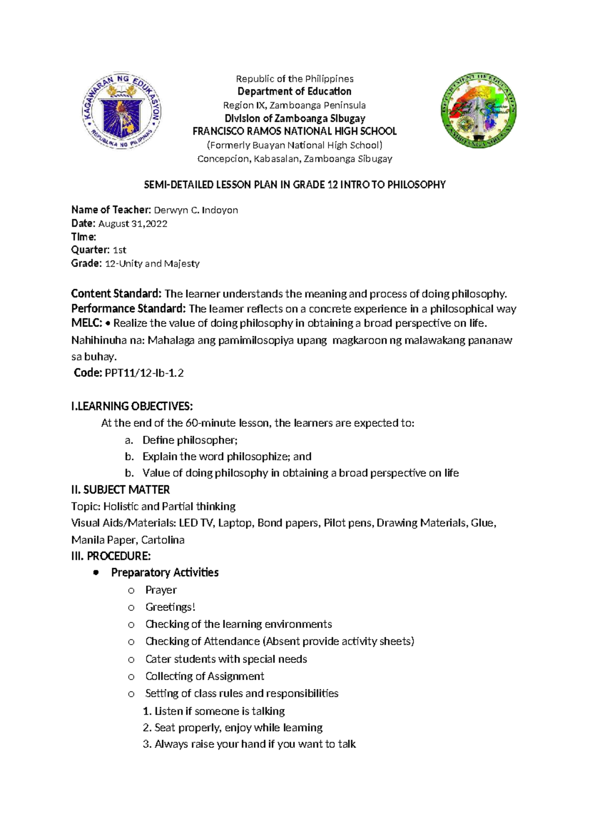 Lesson Plan in Grade 12: Intro to Philosophy (NI DOY2X) - Aug 31, 2022 ...