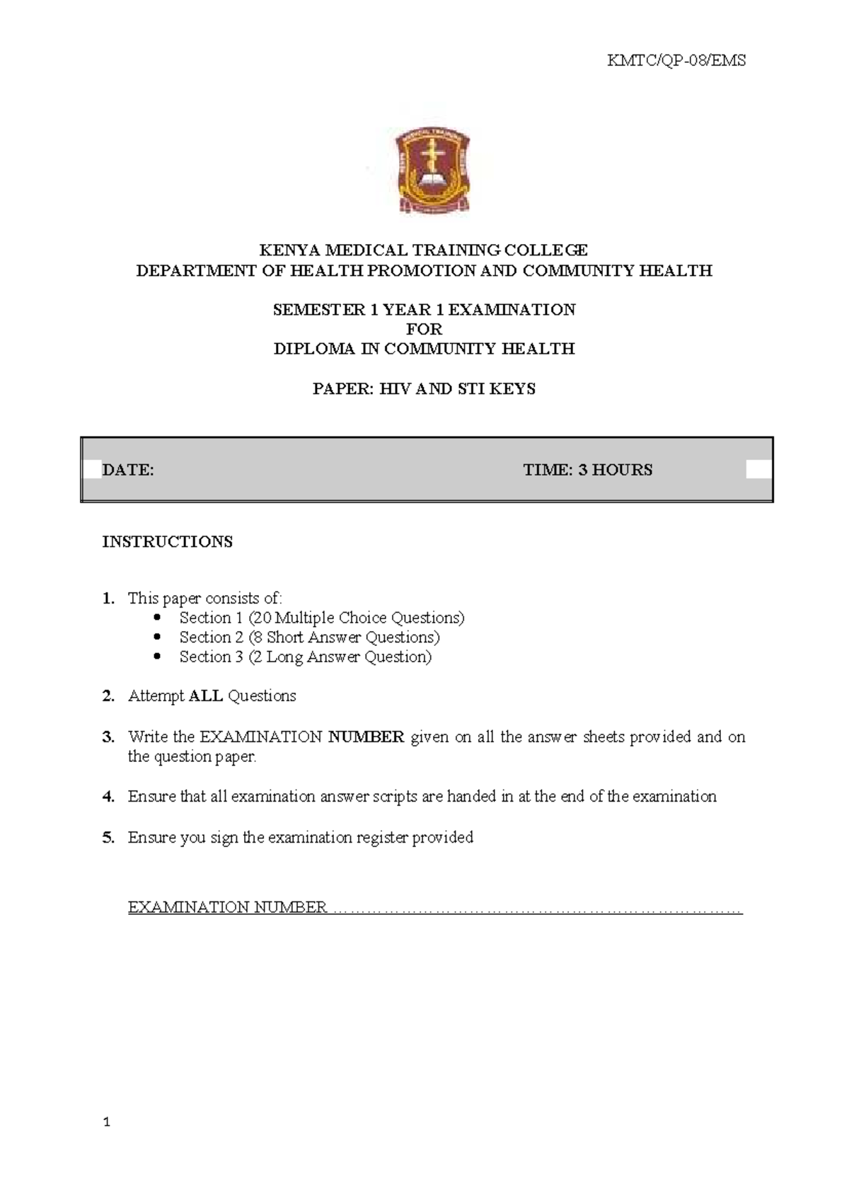 HIV & STI Exam Paper: Diploma in Community Health - Semester 1 - Studocu