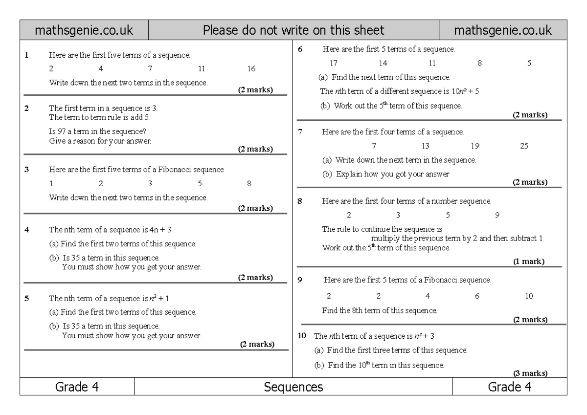 Genie - dfdfd - Grade 4 Sequences Grade 4 2 The first term in a ...