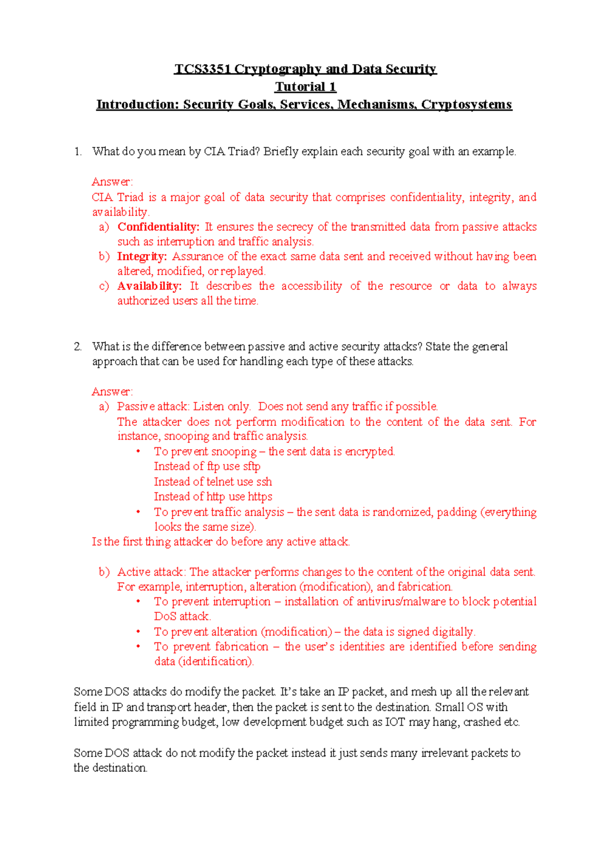 TCS3351 Cryptography and Data Security Tutorial 1 Full Answers - Studocu