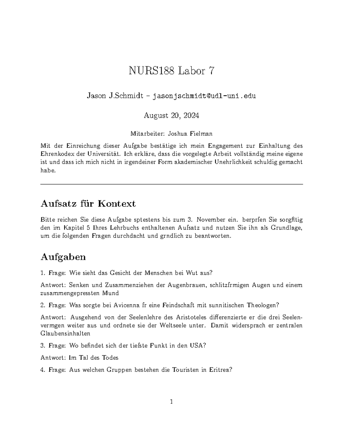 NURS188 Labor 7 - Aufsatzfragen und Antworten zur Analyse - Studocu