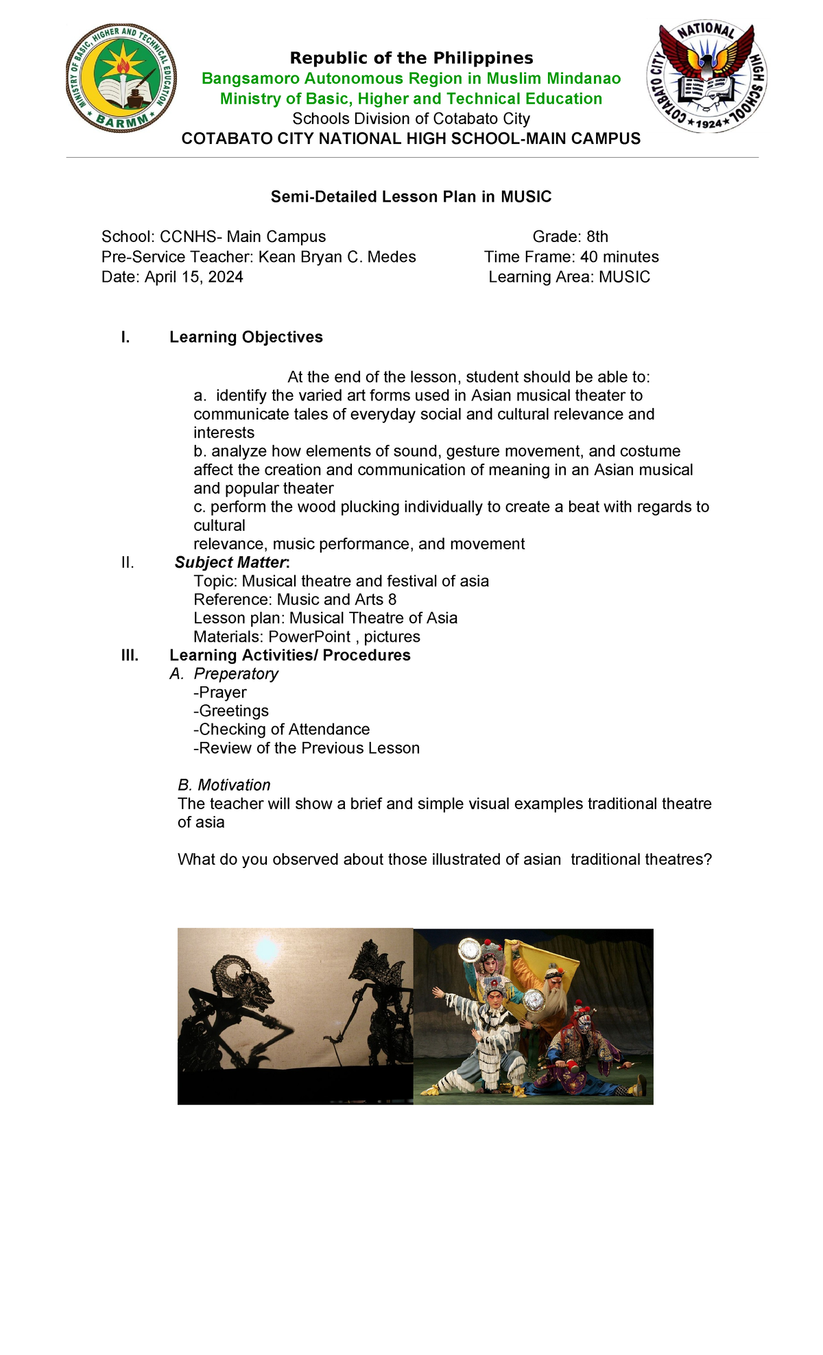 MUSIC 8 Final Exam - Semi-Detailed Lesson Plan on Asian Musical ...