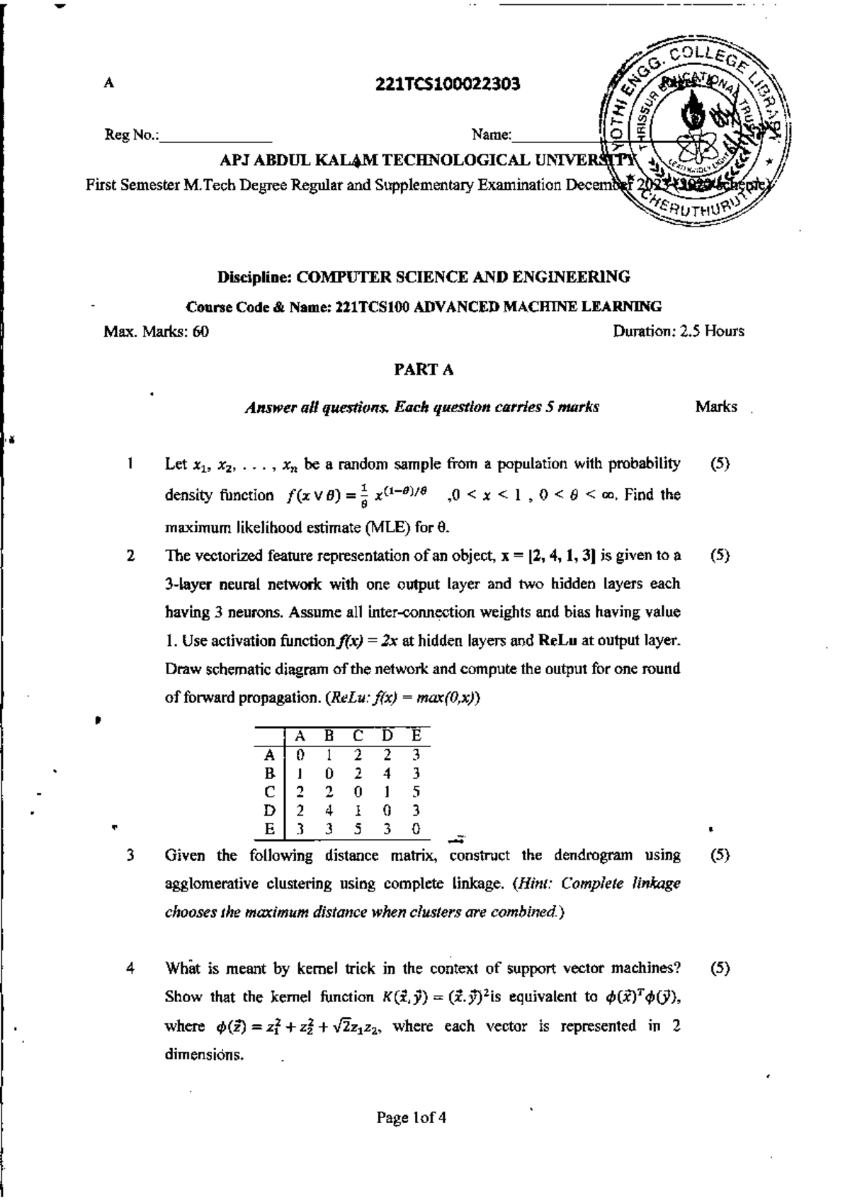 M.Tech 1st Sem CS Advanced Machine Learning Exam Notes 221TCS100 Dec ...