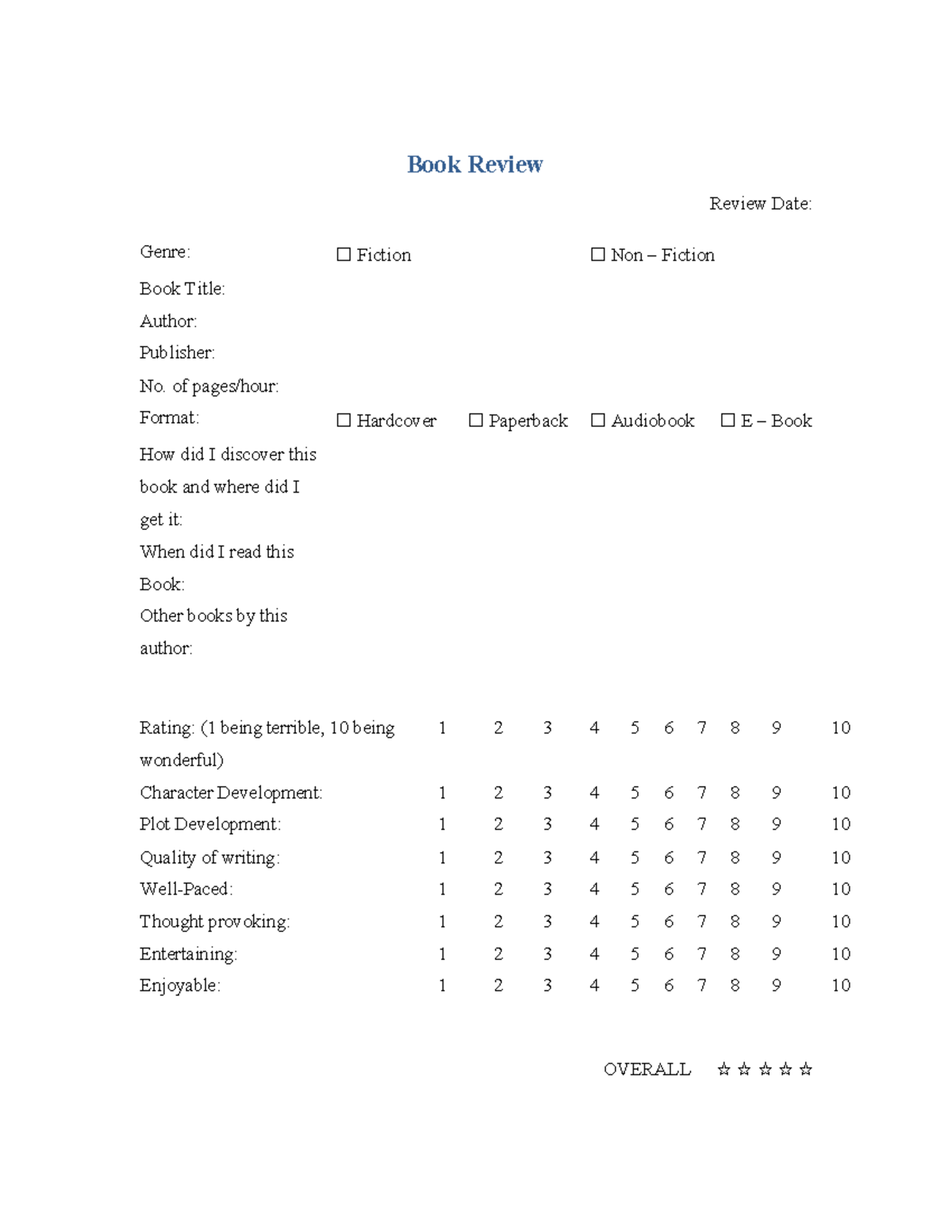 Book Review Template: Fiction & Non-Fiction Evaluation Guide - Studocu