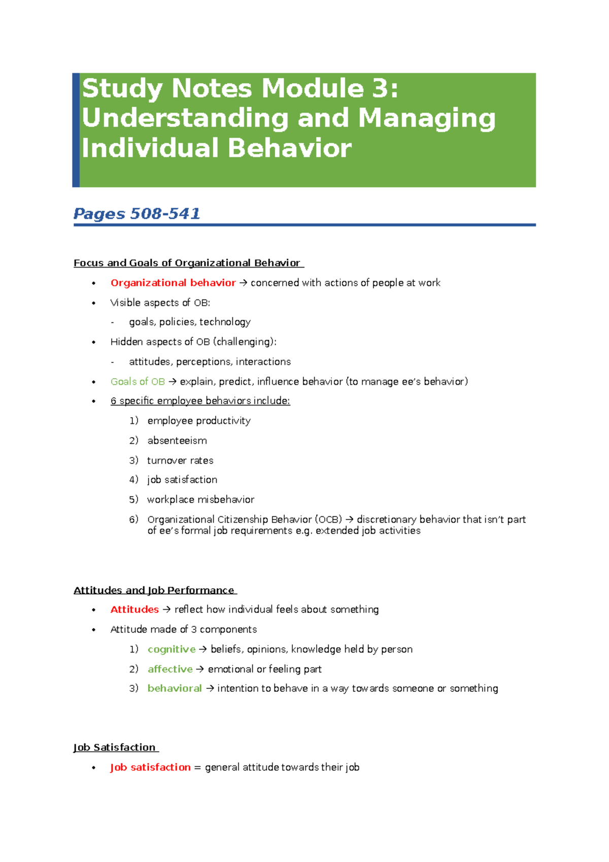 Study Notes Module 3 - Understanding and Managing Individual Behaviour ...