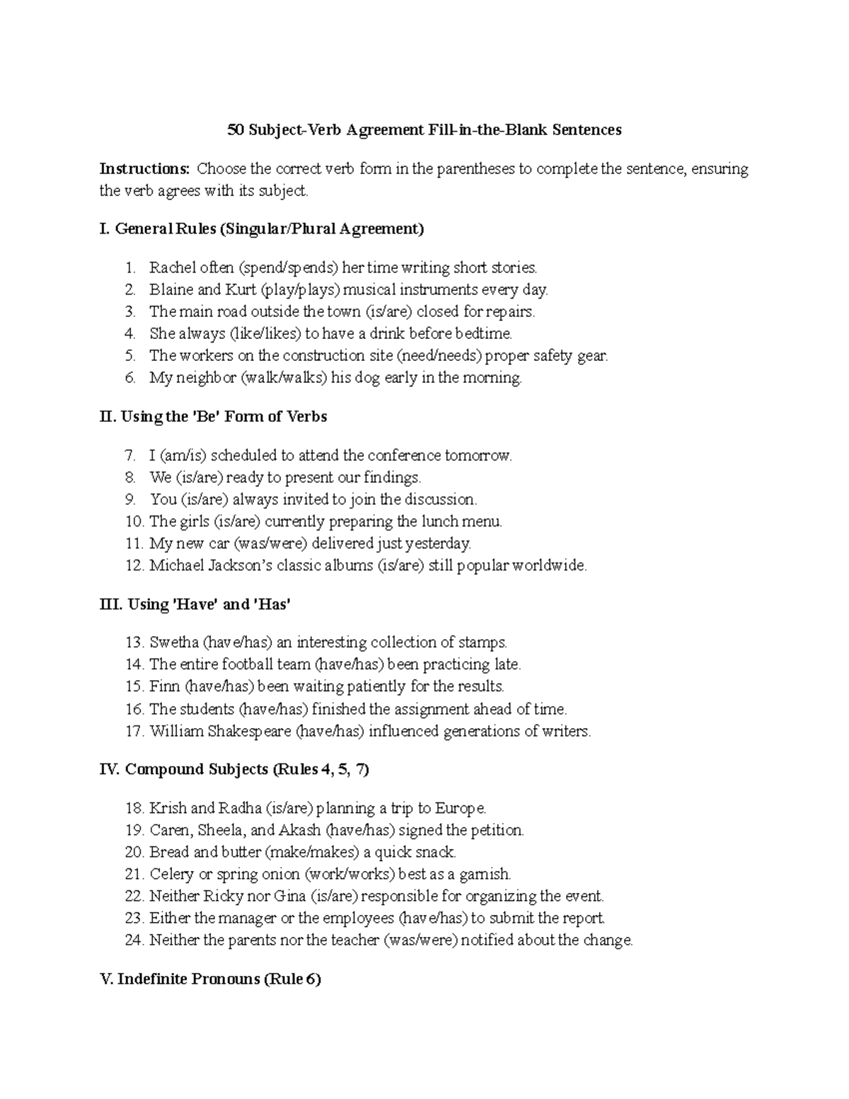 50 Subject-Verb Agreement Fill-in-the-Blank Exercises - Studocu