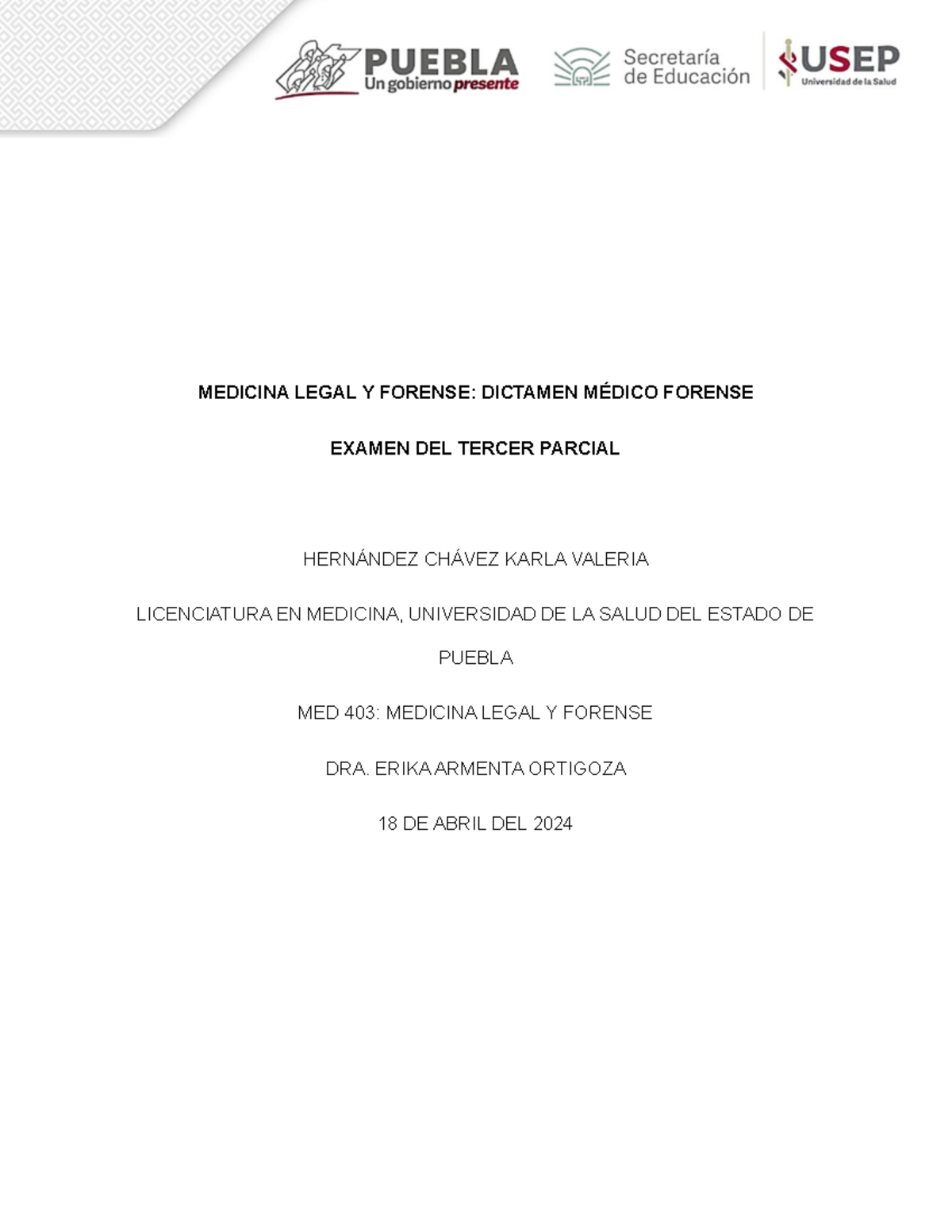 Dictamen Forense en Medicina Legal y Forense - MED 403 - Document Preview