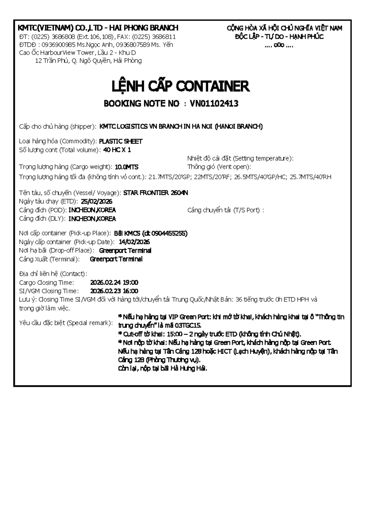 KMTC VN 01102413 - Hướng Dẫn Về Container Booking Note - Studocu