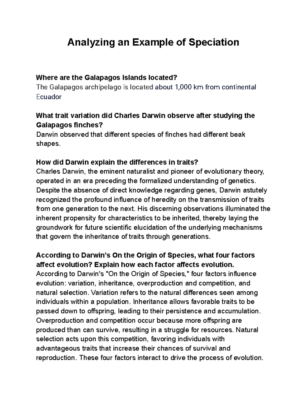 Analyzing an Example of Speciation - How did Darwin explain the ...