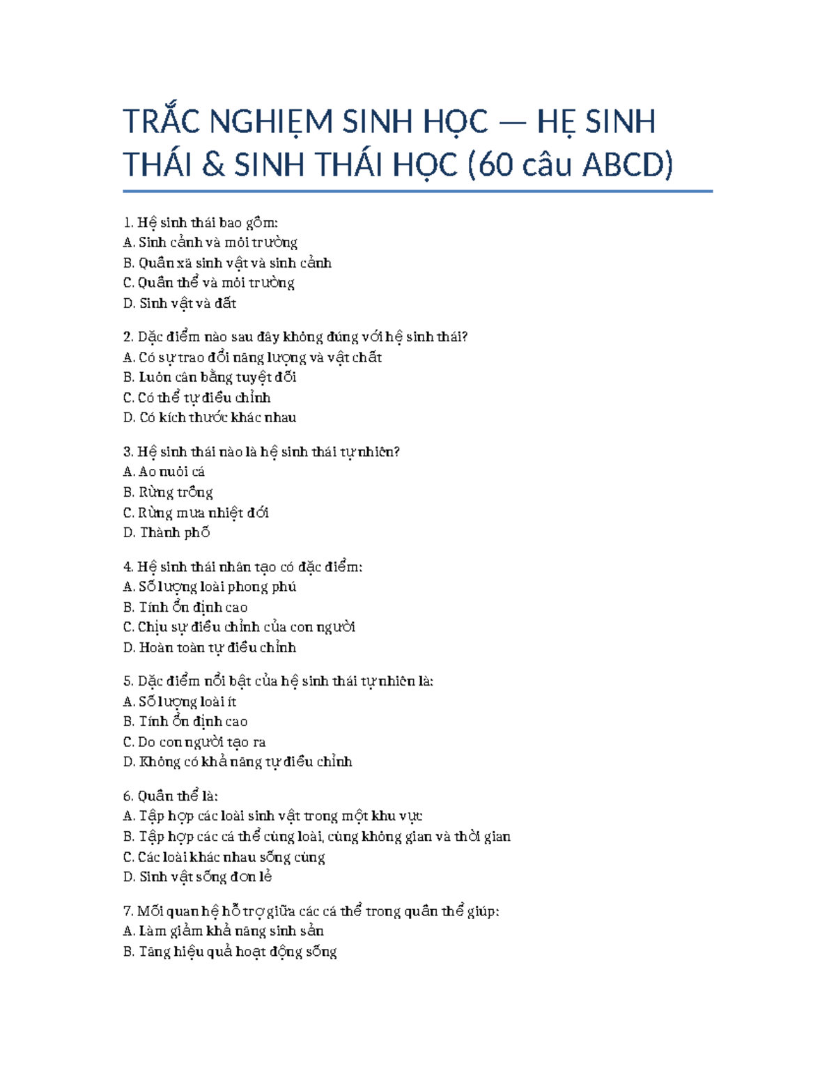 TRẮC NGHIỆM SINH HỌC HỆ SINH THÁI (60 Câu ABCD) - Studocu