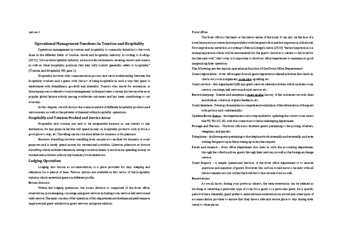 Lecture 2: Front Office Operations in Tourism & Hospitality Management ...