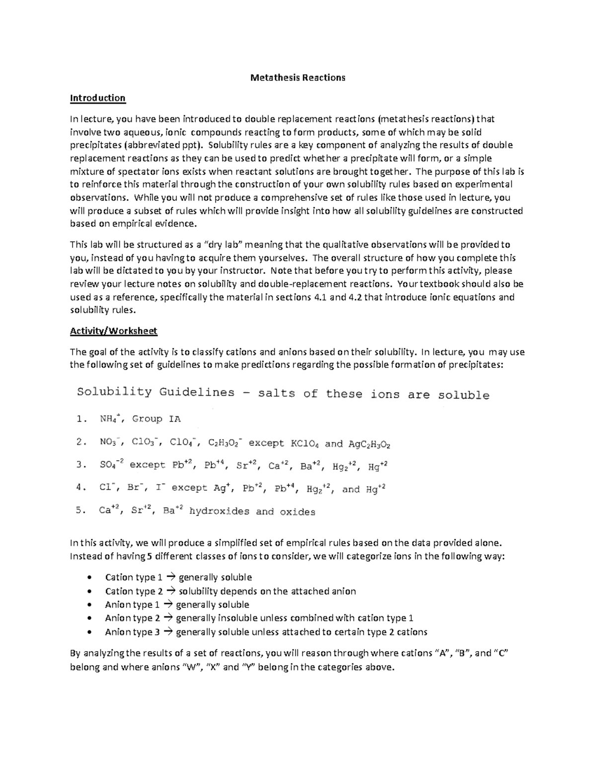 Metathesis Reactions in Solubility Lab Activities - Chem 101 - Studocu