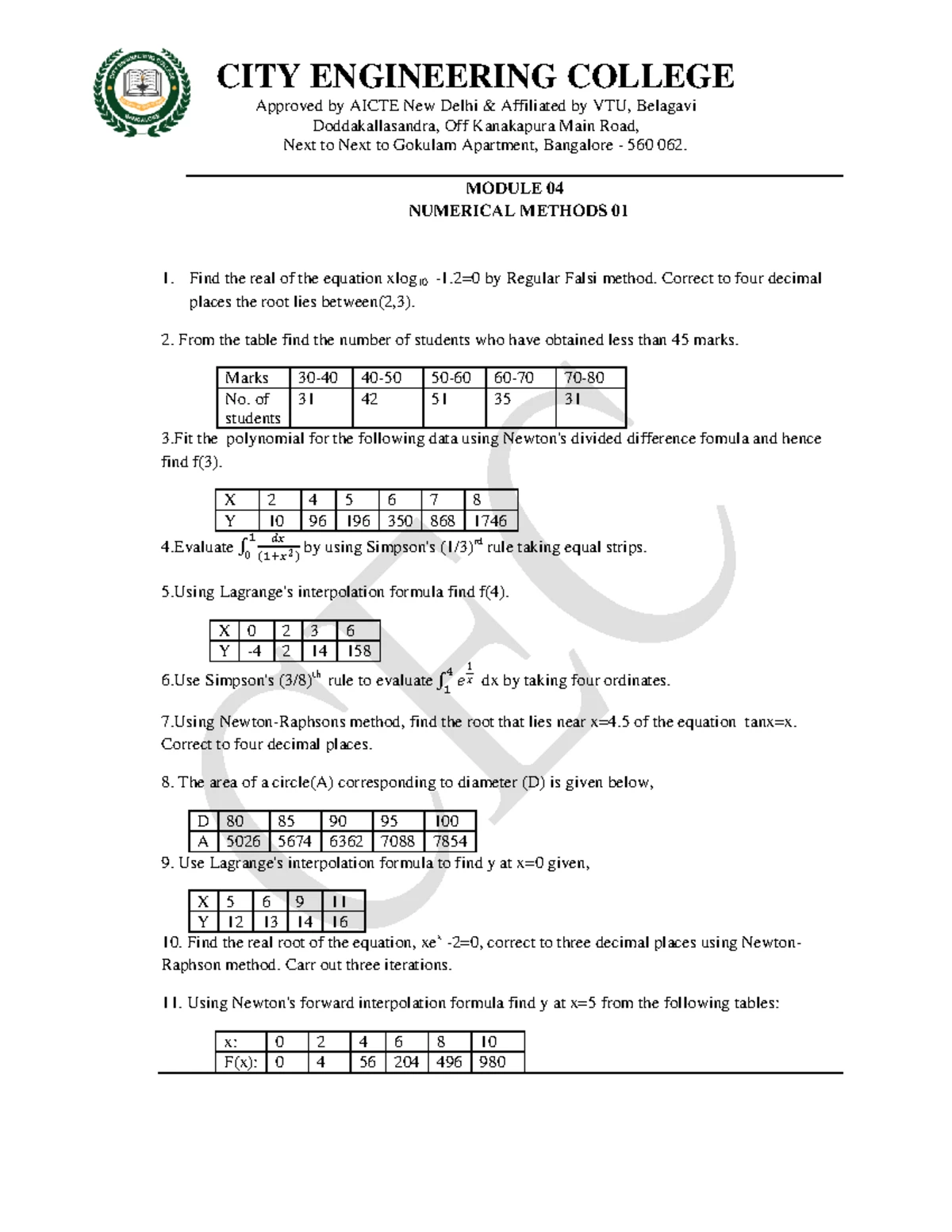 Module 05 Numerical Methods Question Bank (QB) - Studocu