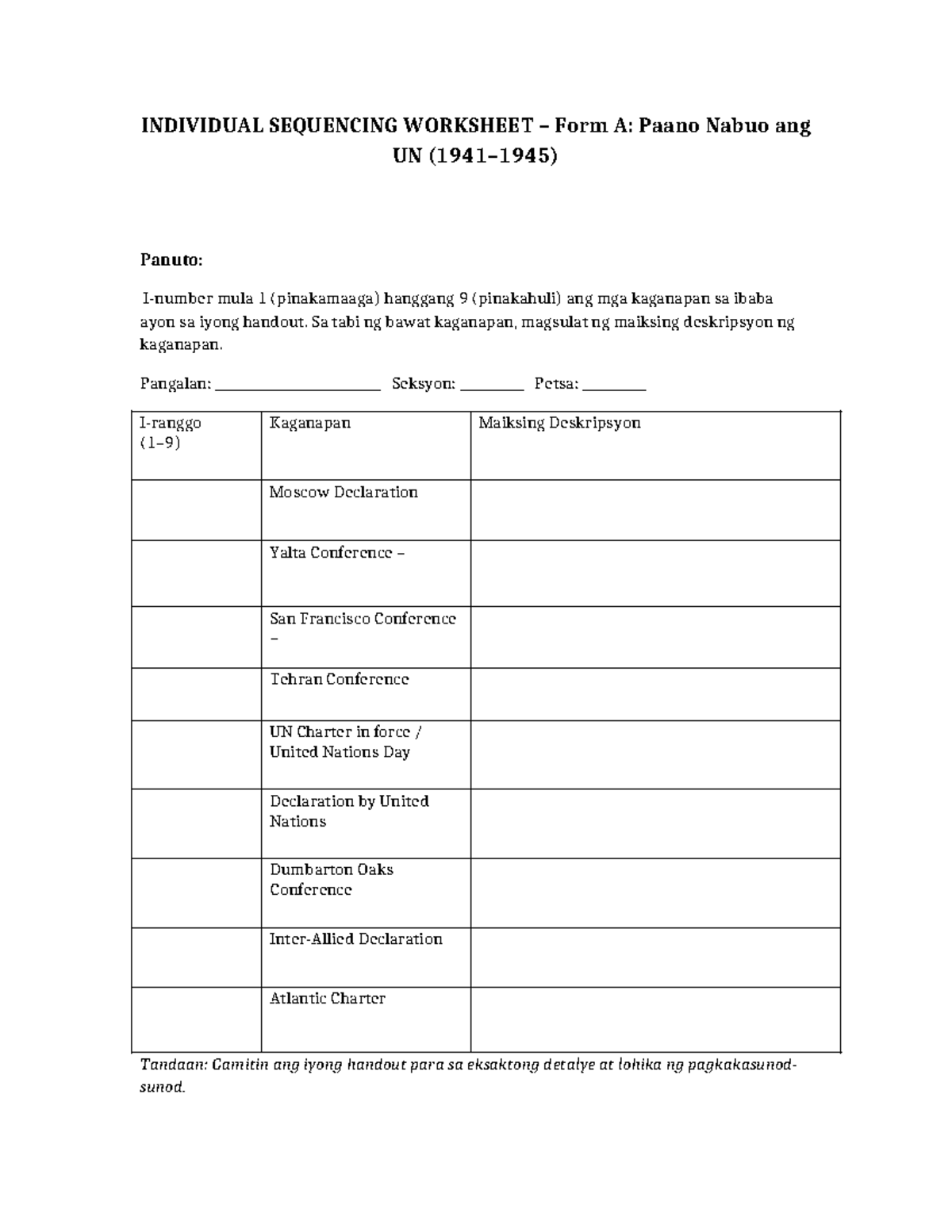 UN Sequencing Worksheet Individual Form A - INDIVIDUAL SEQUENCING ...