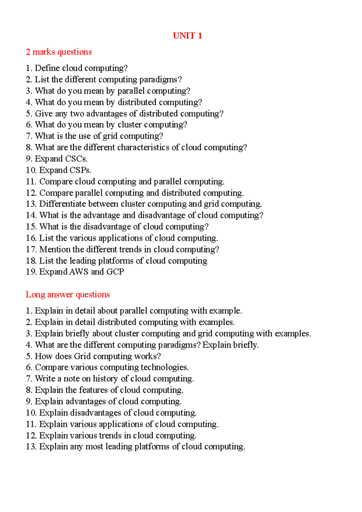 UNIT 1 Cloud Computing Concepts & Questions - Studocu