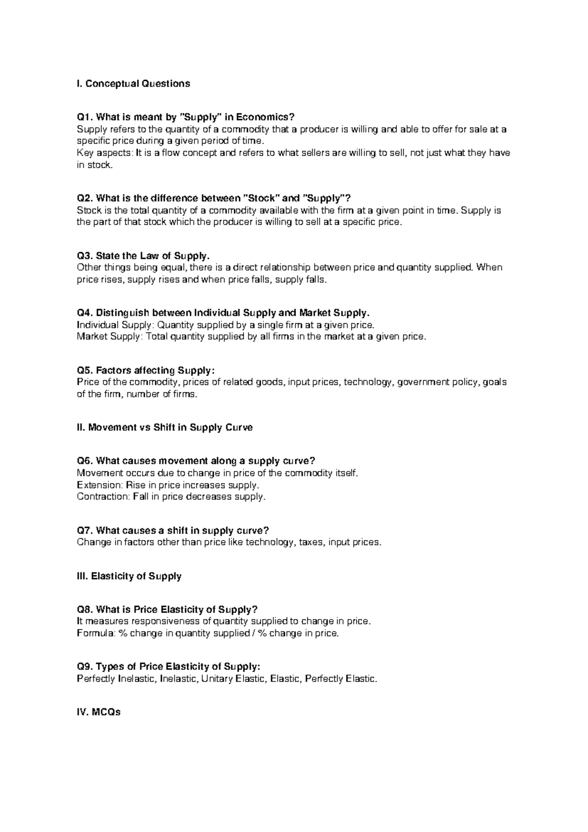 Supply in Economics: Conceptual Questions & MCQs - Studocu