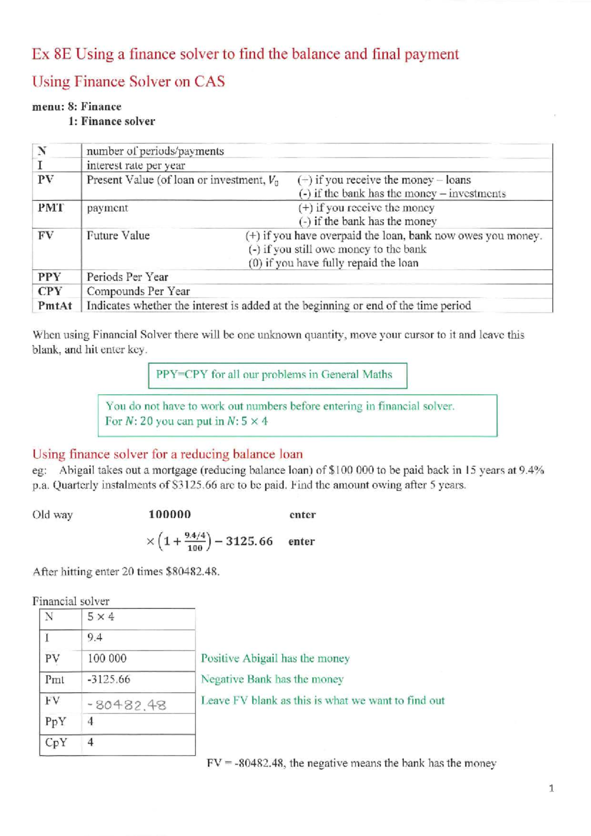 Ex 8E Annotated Notes: Using Finance Solver in VCE General Maths - Studocu