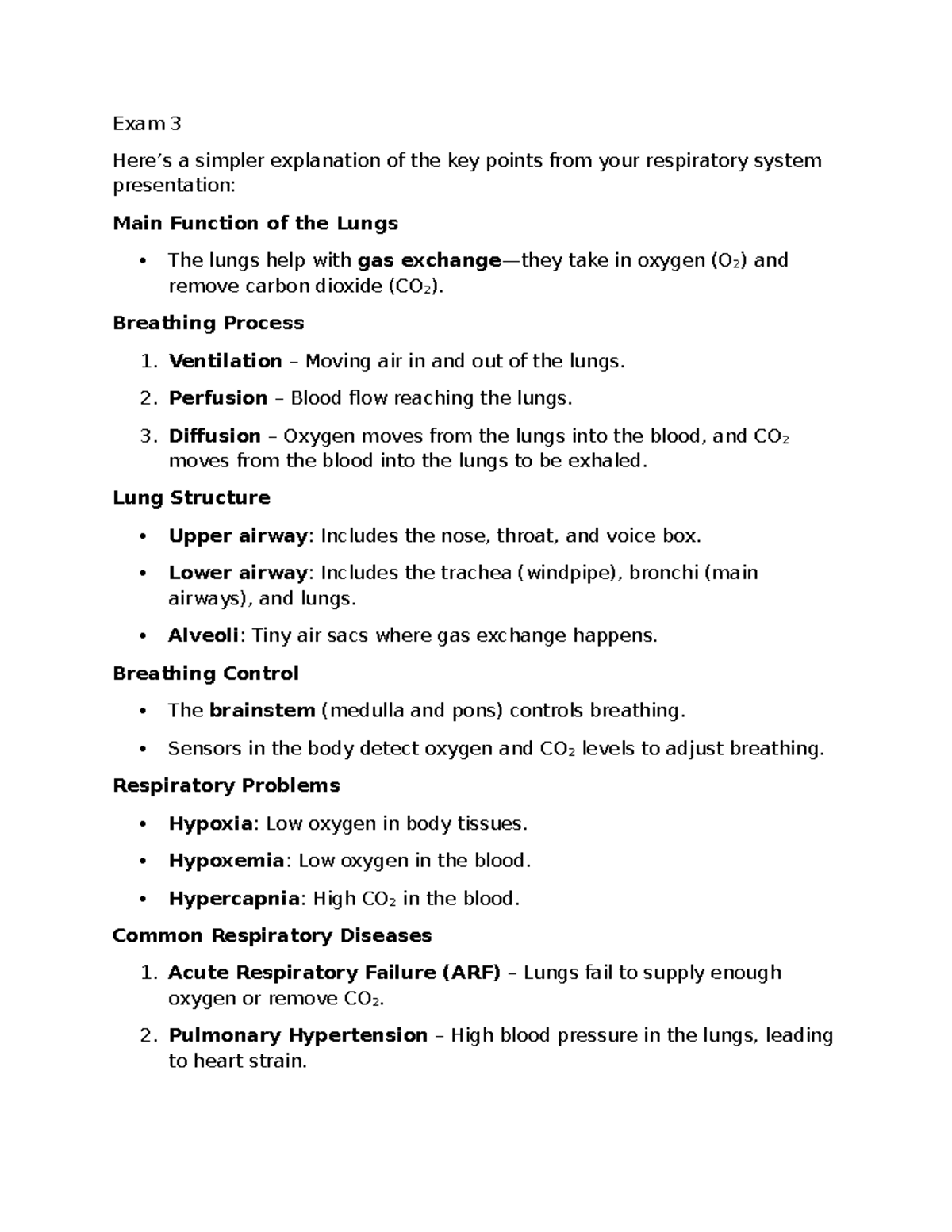 Exam 3 - Key Points on Respiratory System and Disorders - Studocu