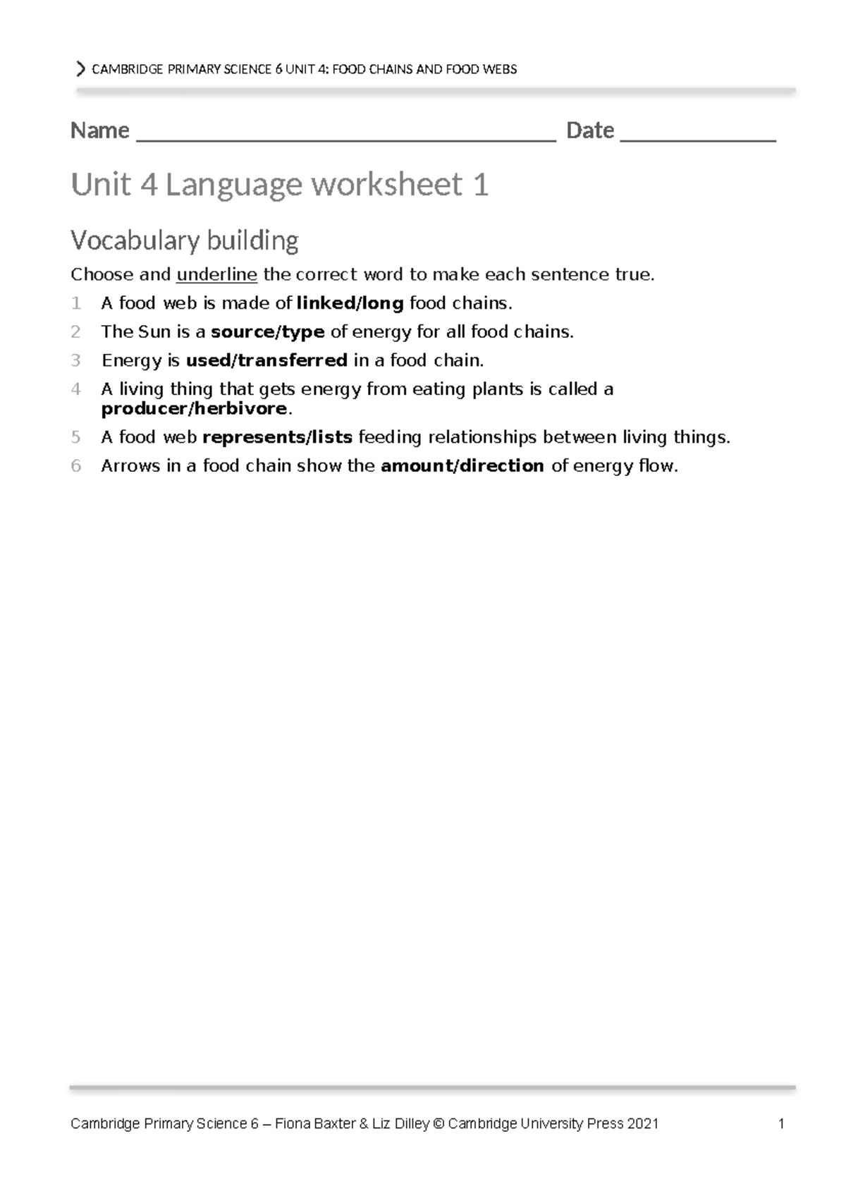 P Science 6 Unit 4: Food Chains & Food Webs Language Worksheets - Studocu