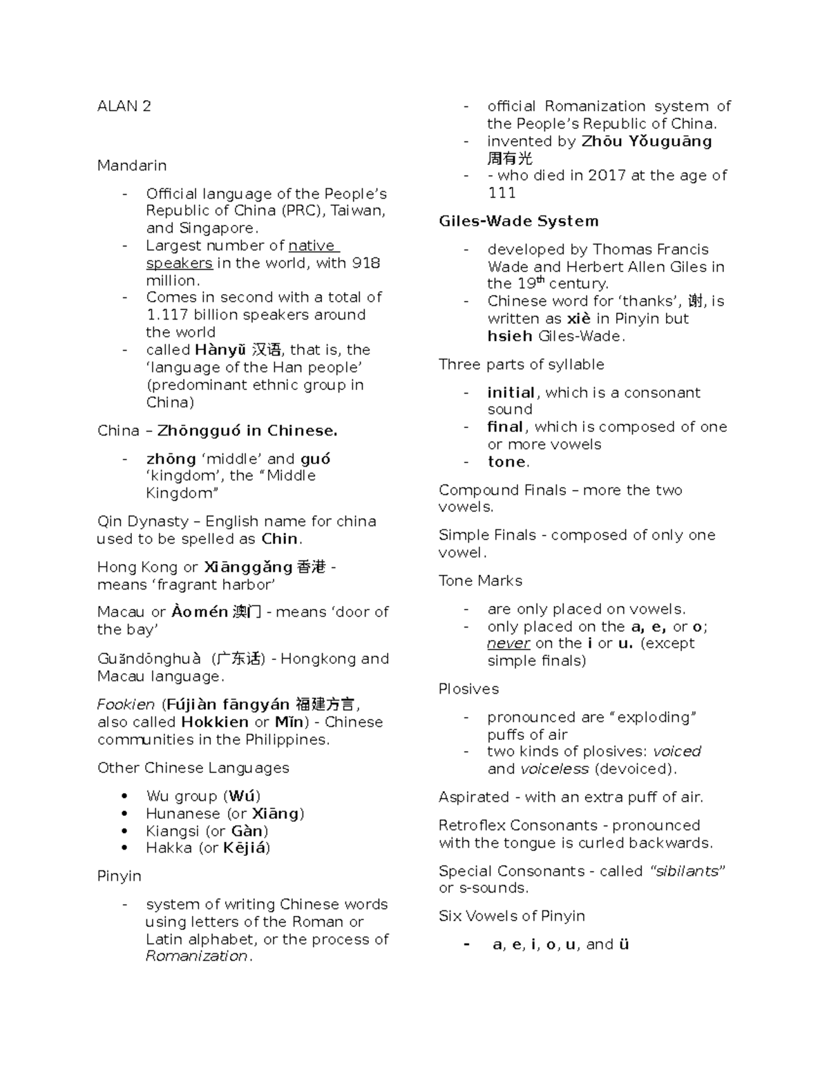 ALAN 2 - REVIEWER - ALAN 2 Mandarin - Official language of the People’s ...
