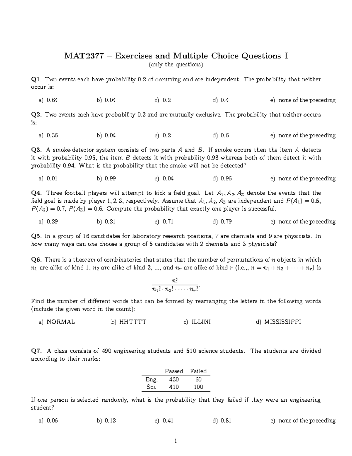 MAT2377 Exercises I: Multiple Choice Questions and Solutions - Studocu