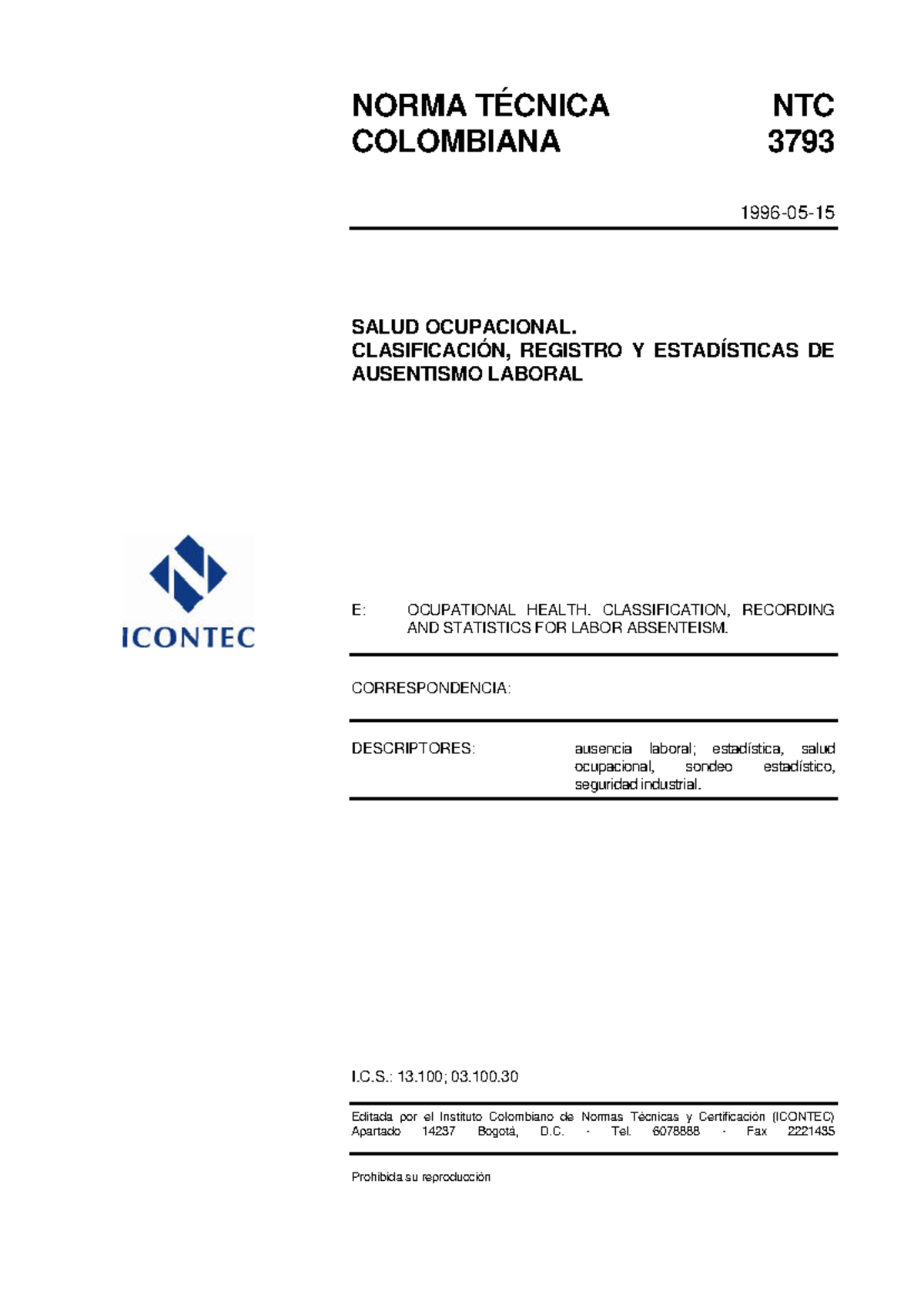 NTC 3793: Clasificación y Estadísticas de Ausentismo Laboral - Document Preview