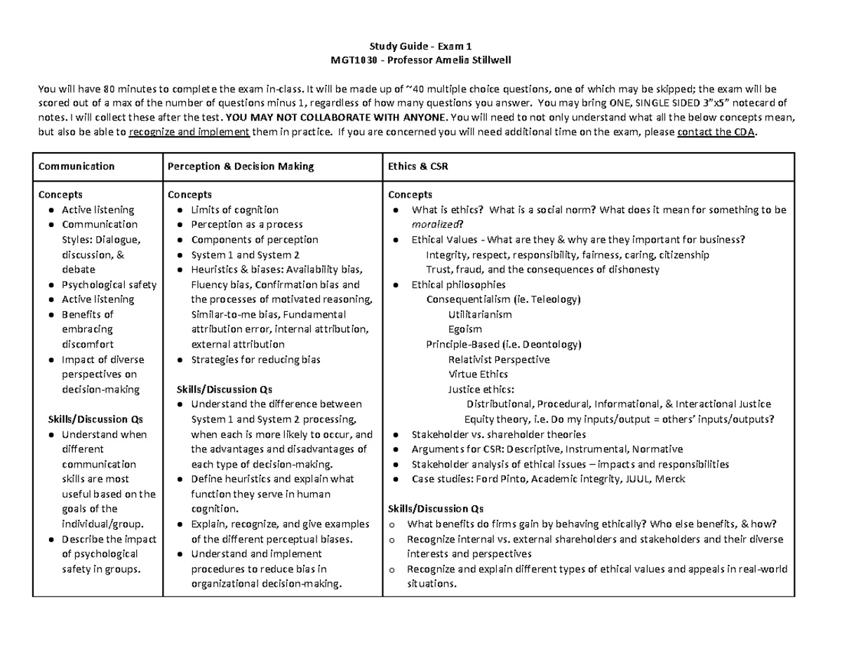 Exam Study Guide: MGT1030 - Comm, Perception & Ethics Concepts - Studocu