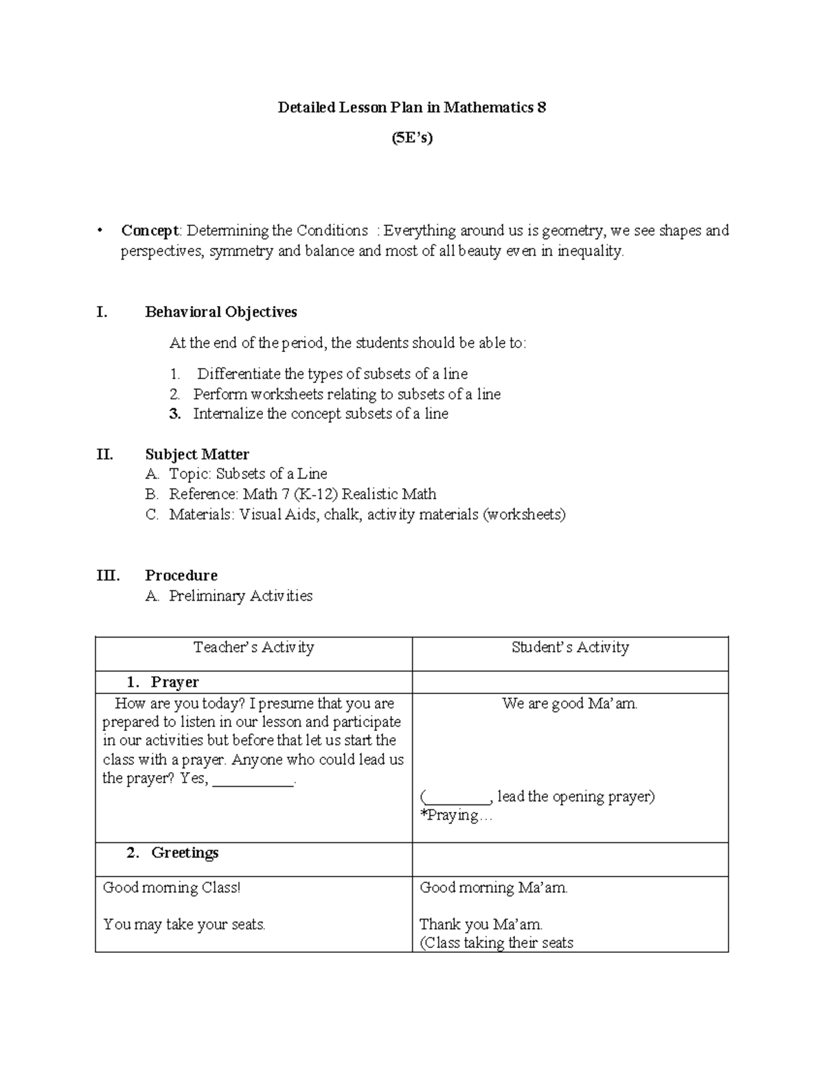 Detailed Lesson Plan in Mathematics 8: Subsets of a Line (5E’s) - Studocu