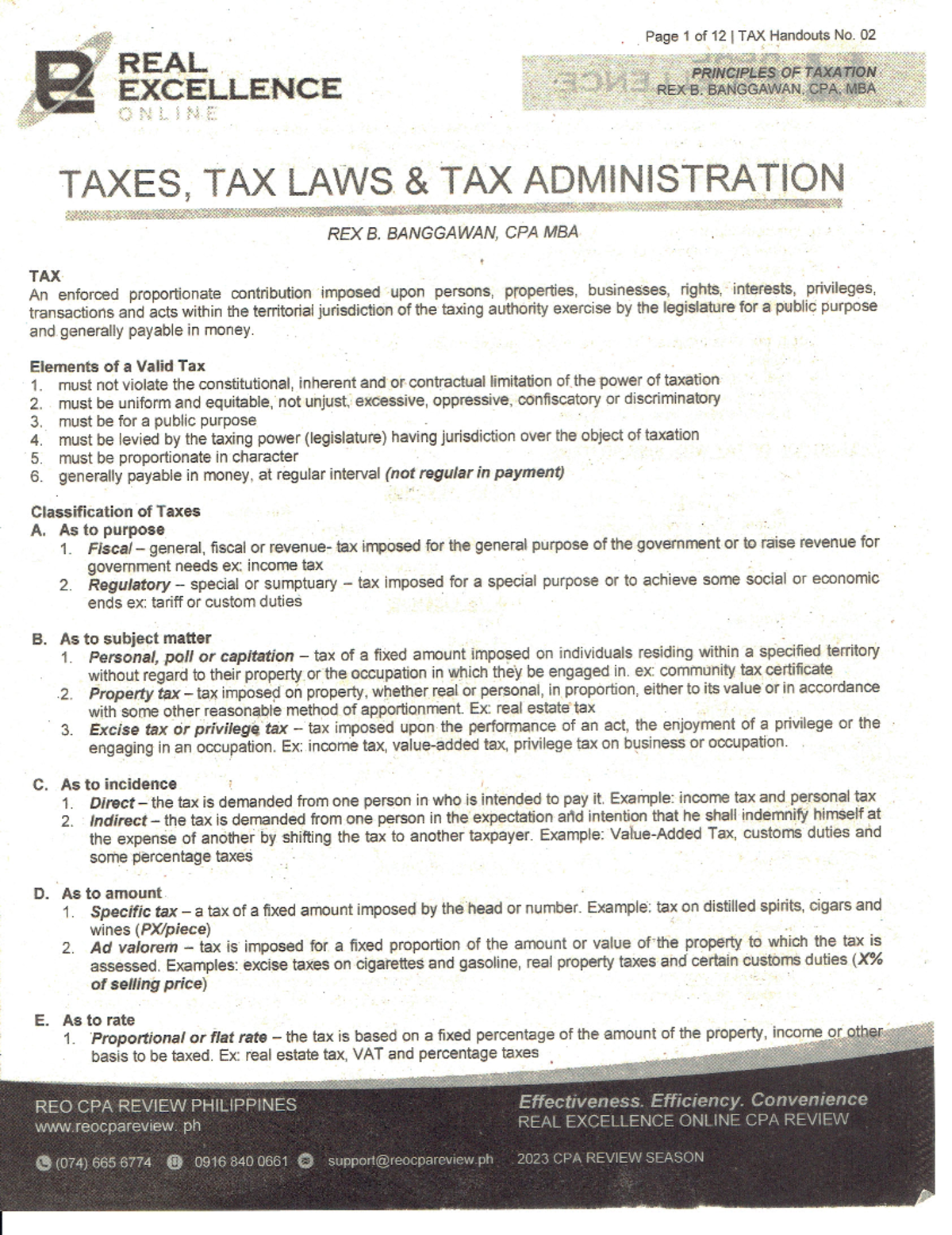 TAX 02: Principles of Taxation and Administration Notes by R. Banggawan ...