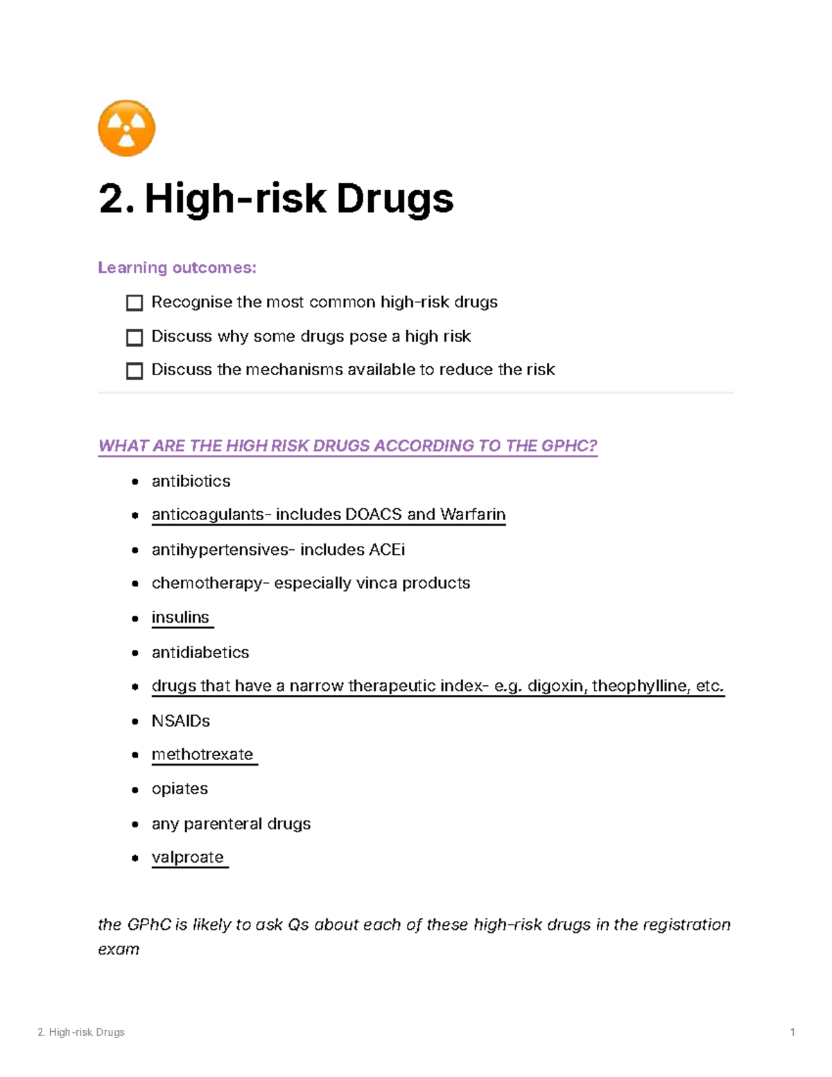 High Risk Drugs Overview for GPHC Registration Exam - Studocu