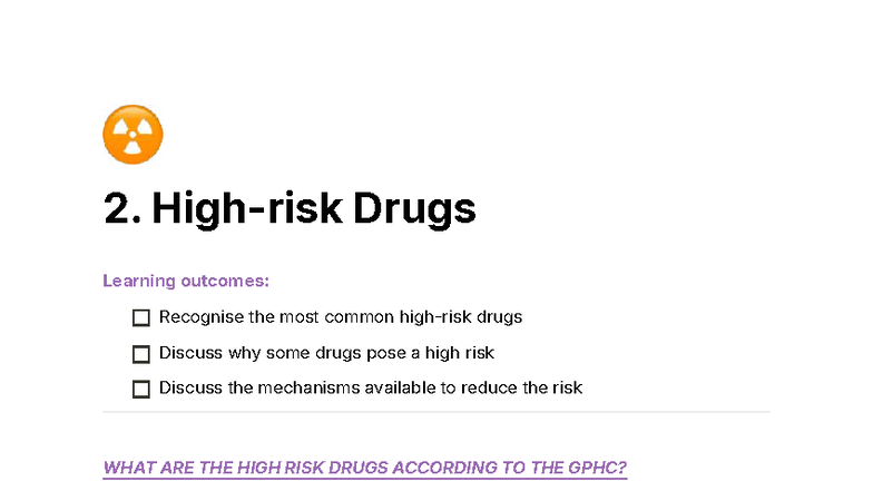 High Risk Drugs Overview for GPHC Registration Exam - Studocu