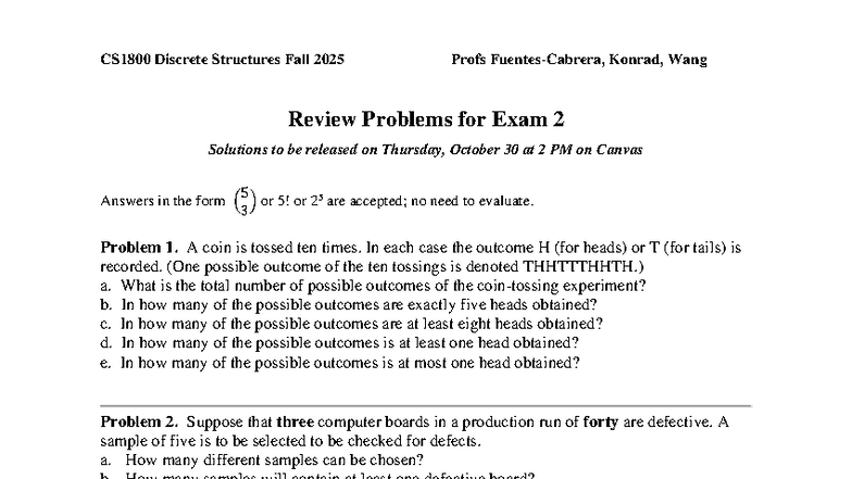 CS1800 Discrete Structures Fall 2025 Exam 2 Review Problems - Studocu