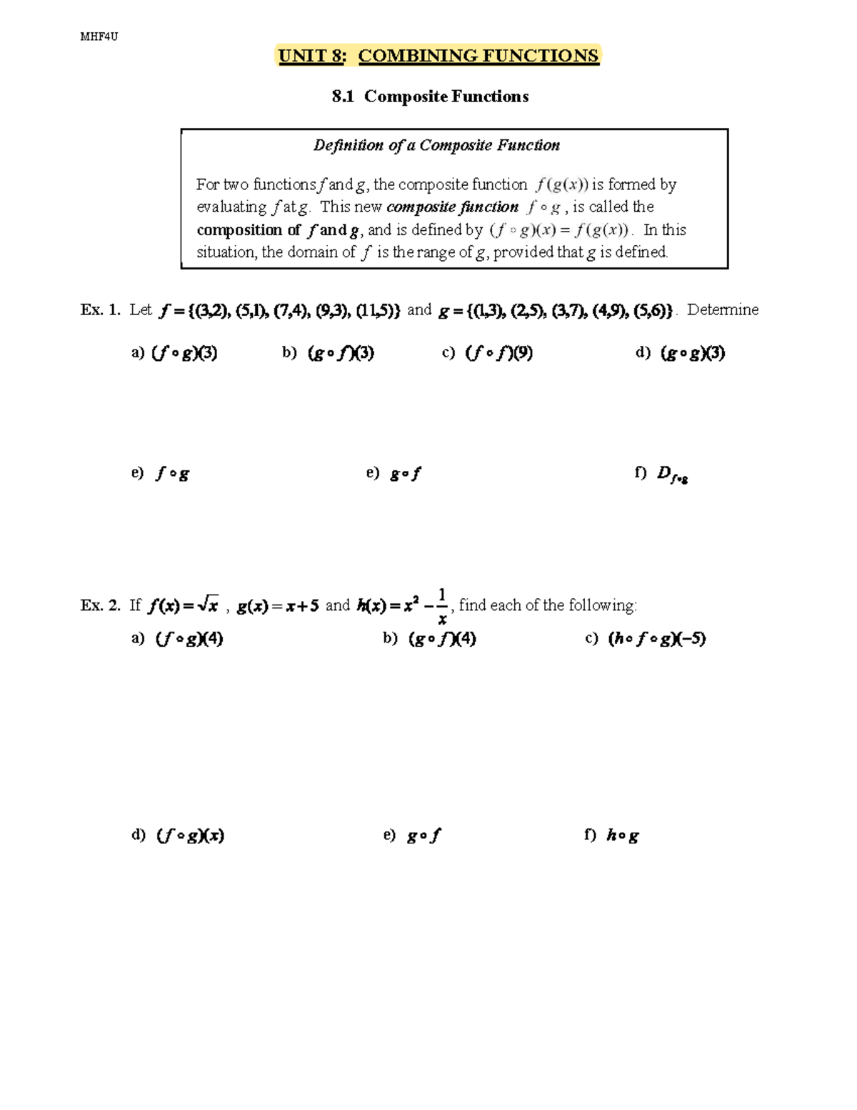 MHF4U Unit 8: 8.1 Composite Functions Overview and Examples - Studocu