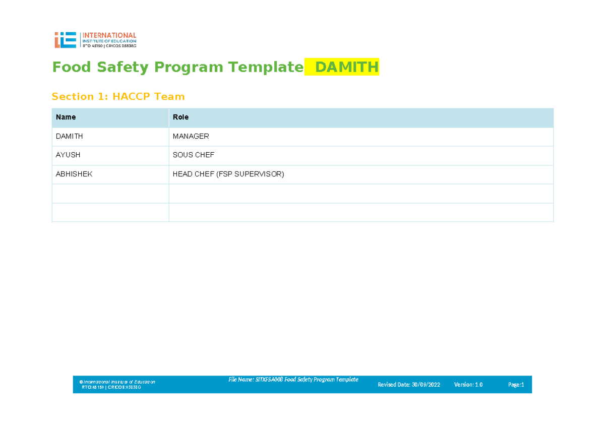 SITXFSA008 Food Safety Program Template: HACCP Guidelines & Procedures ...