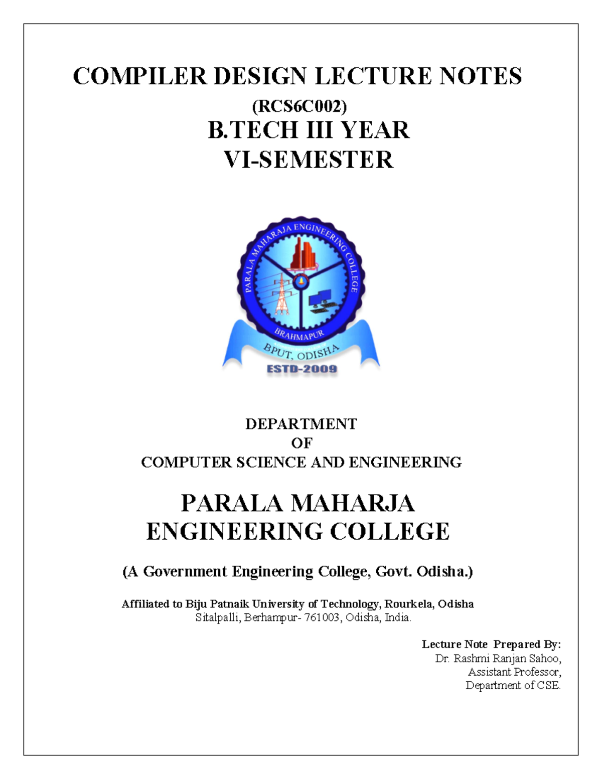 Compiler design by rrs rcs6c002 - COMPILER DESIGN LECTURE NOTES ...