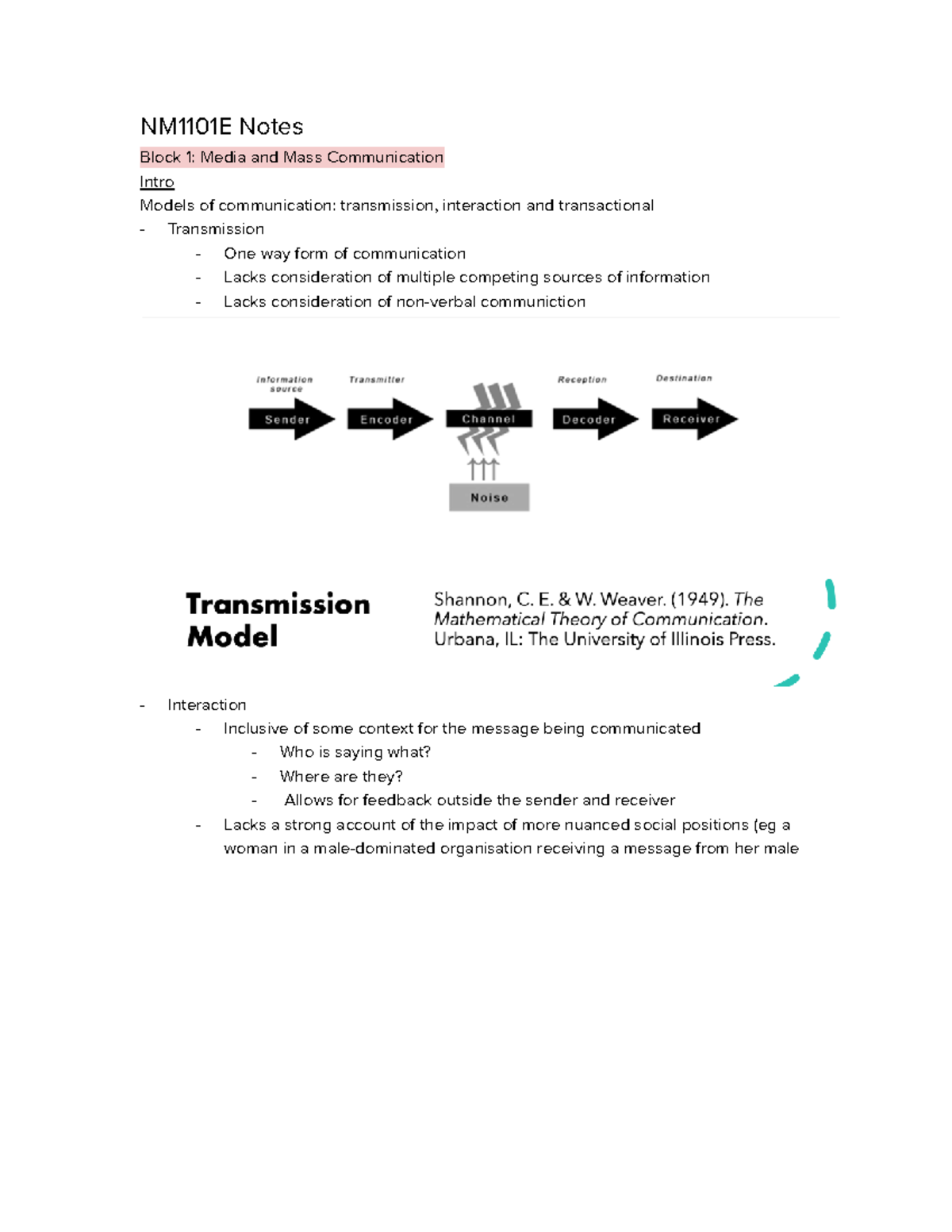 NM1101E Notes: Media & Mass Communication Models and Concepts - Studocu