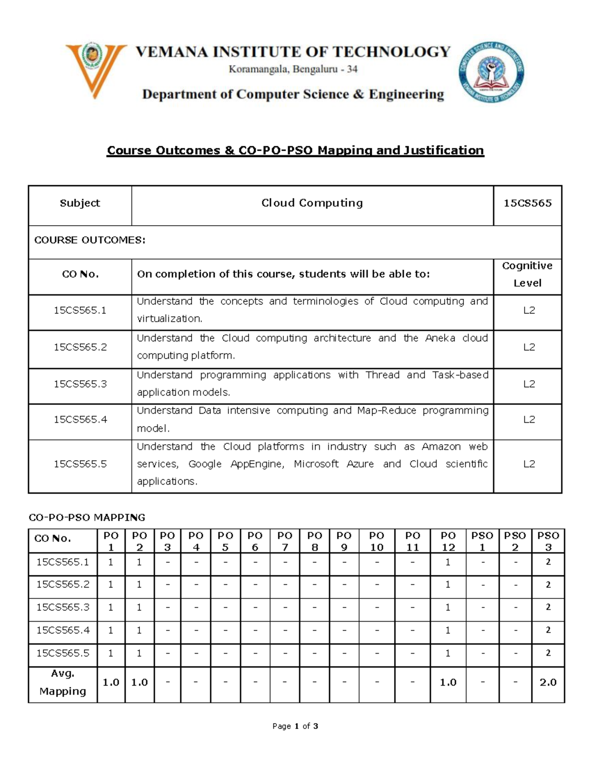 Course Outcomes Mapping and Justification for Cloud Computing 15CS565 ...