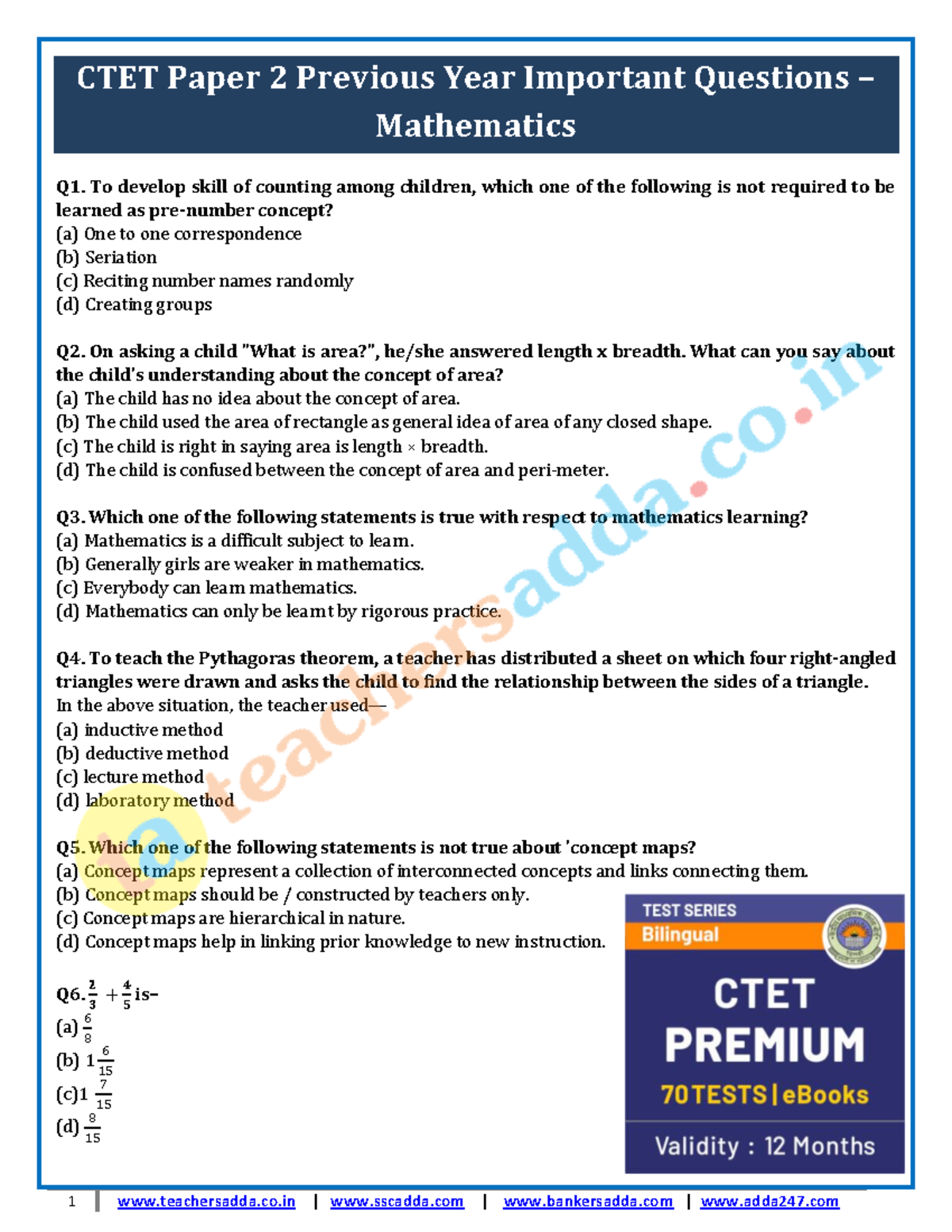 CTET Paper 2 Previous Year important Questions maths - To develop skill ...