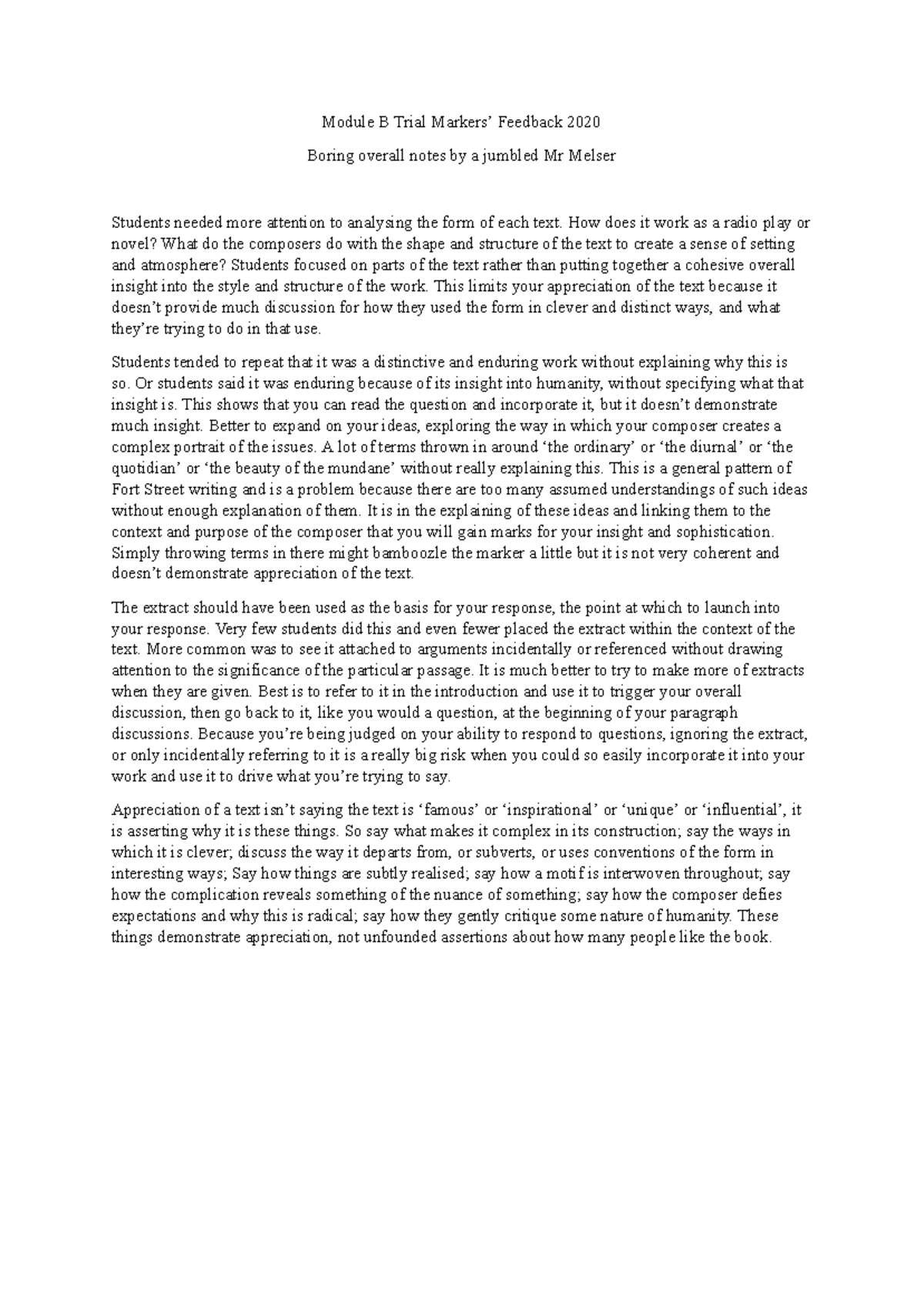 Module B Trial Feedback: Insights on Literary Analysis Techniques - Studocu