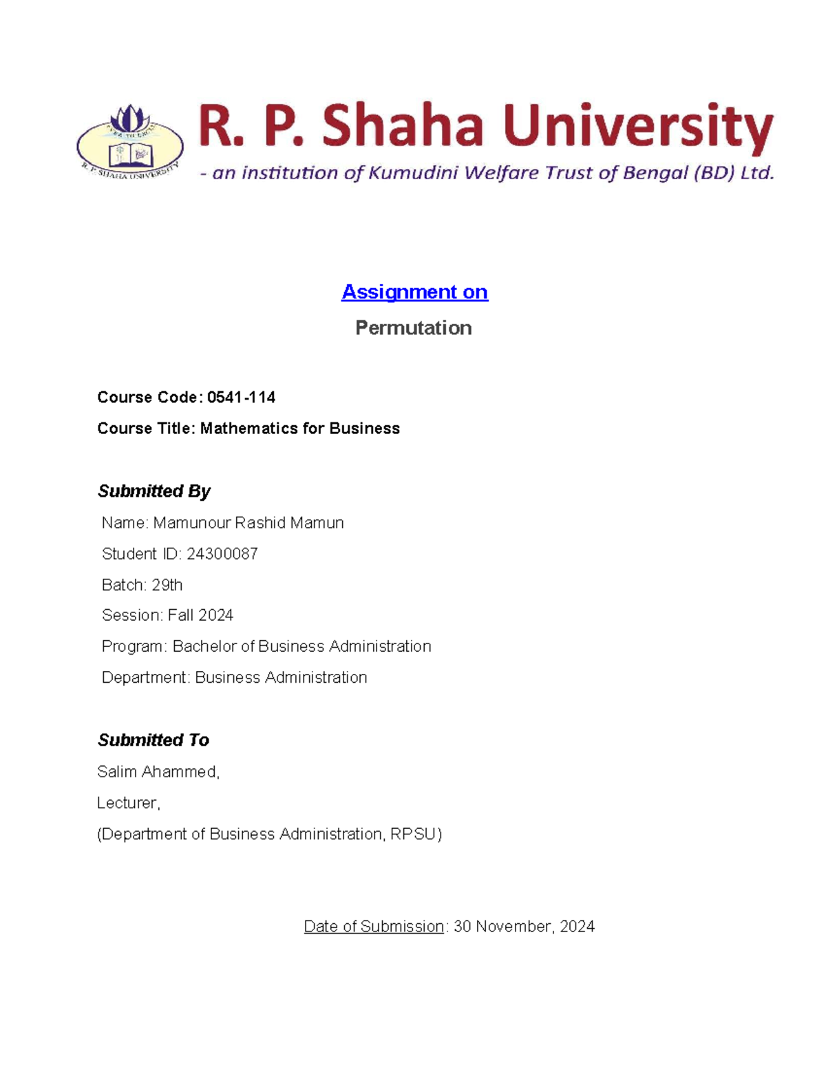 Mathematics for Business: Assignment on Permutation (Course Code ...