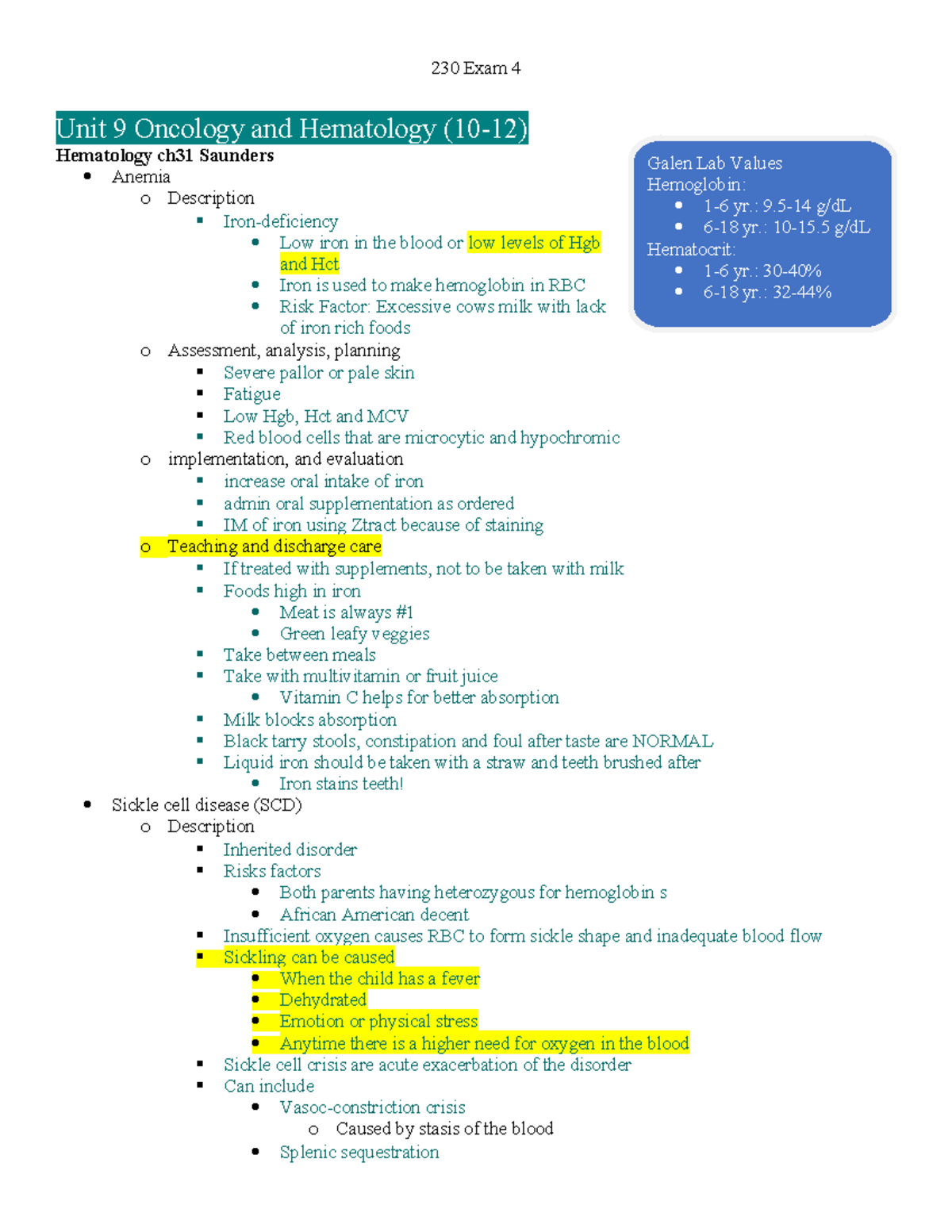 230 Exam 4 - review - 230 Exam 4 Unit 9 Oncology and Hematology (10-12 ...