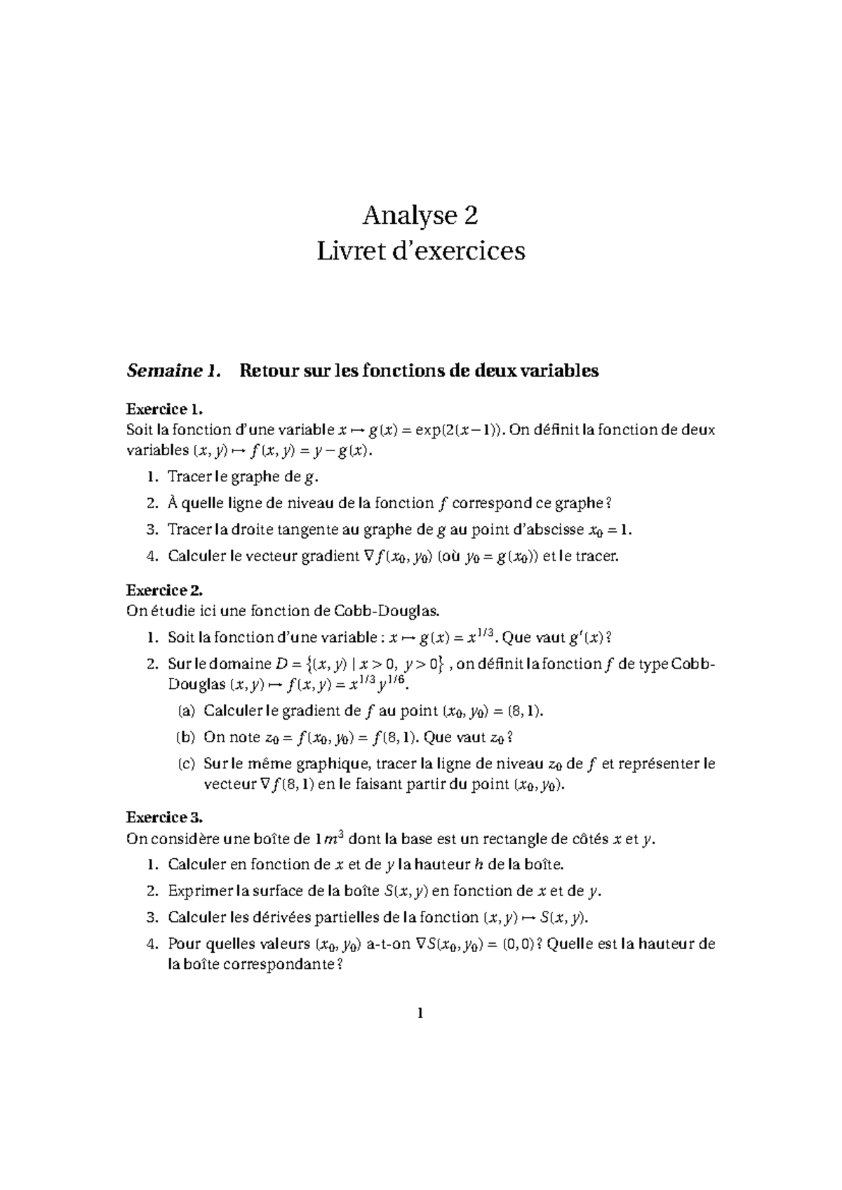 Analyse 2 TD - Cours de TD - Analyse 2 Livret d’exercices Semaine 1 ...