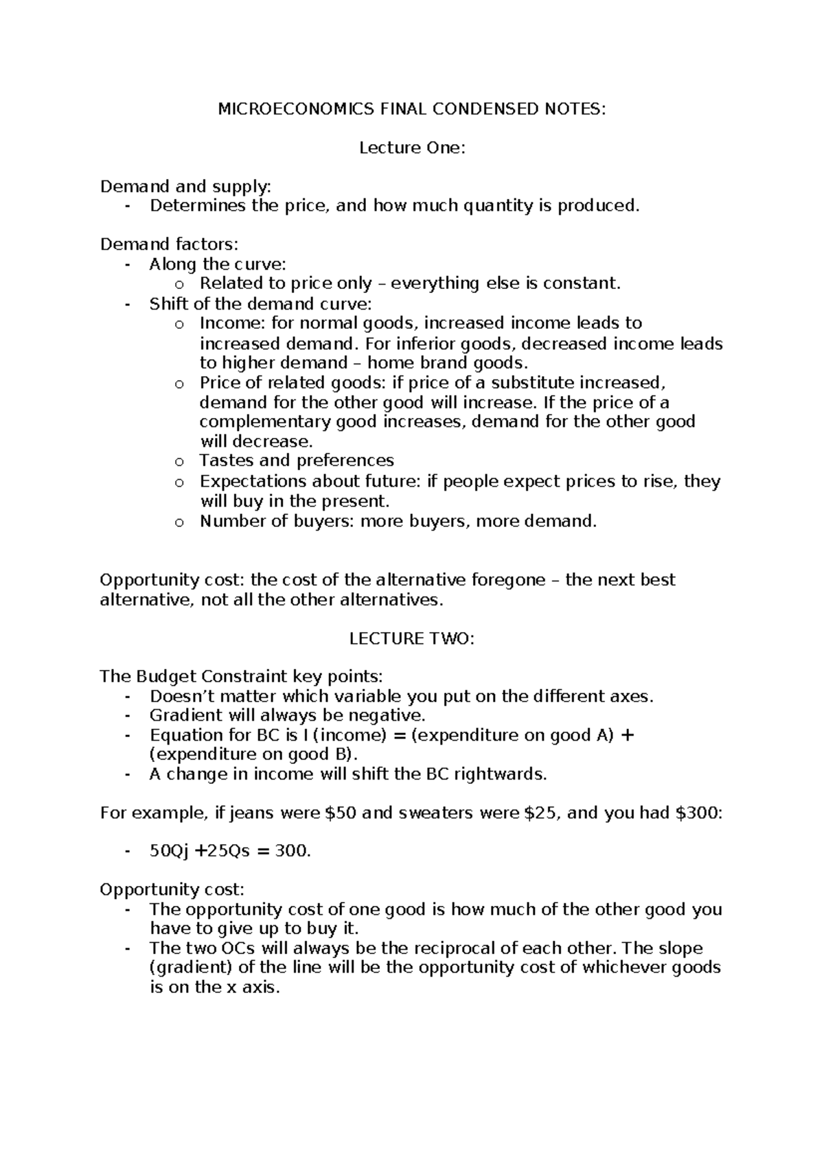 Microeconomics 101: Final Exam Condensed Notes on Demand & Supply - Studocu