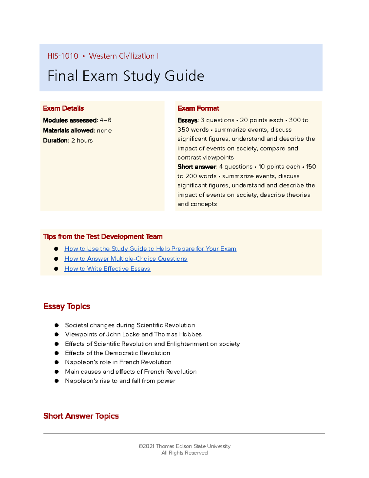 Final Exam Study Guide for HIS-1010: Western Civilization I - Studocu