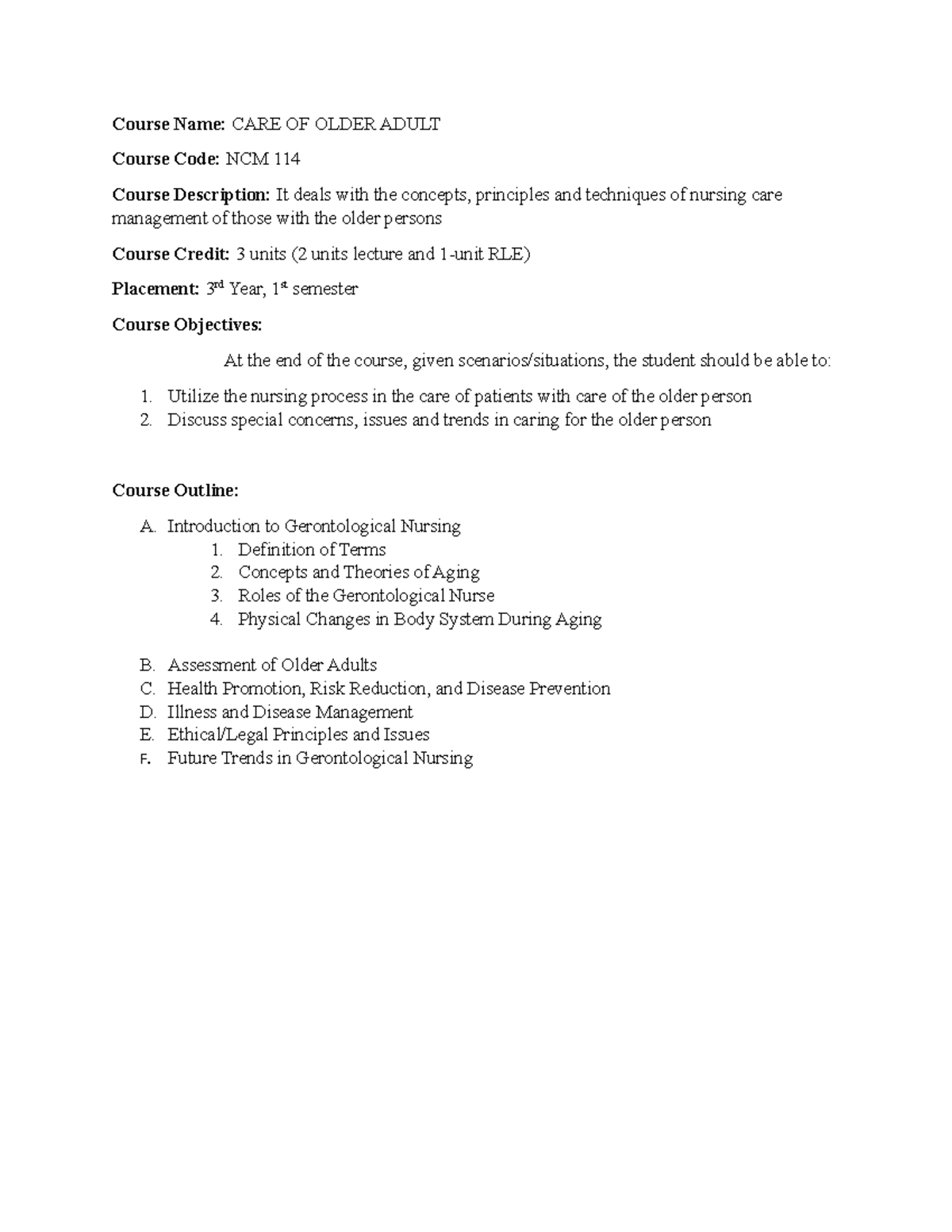 NCM 114 Care of Older Adults: Comprehensive Course Outline and ...